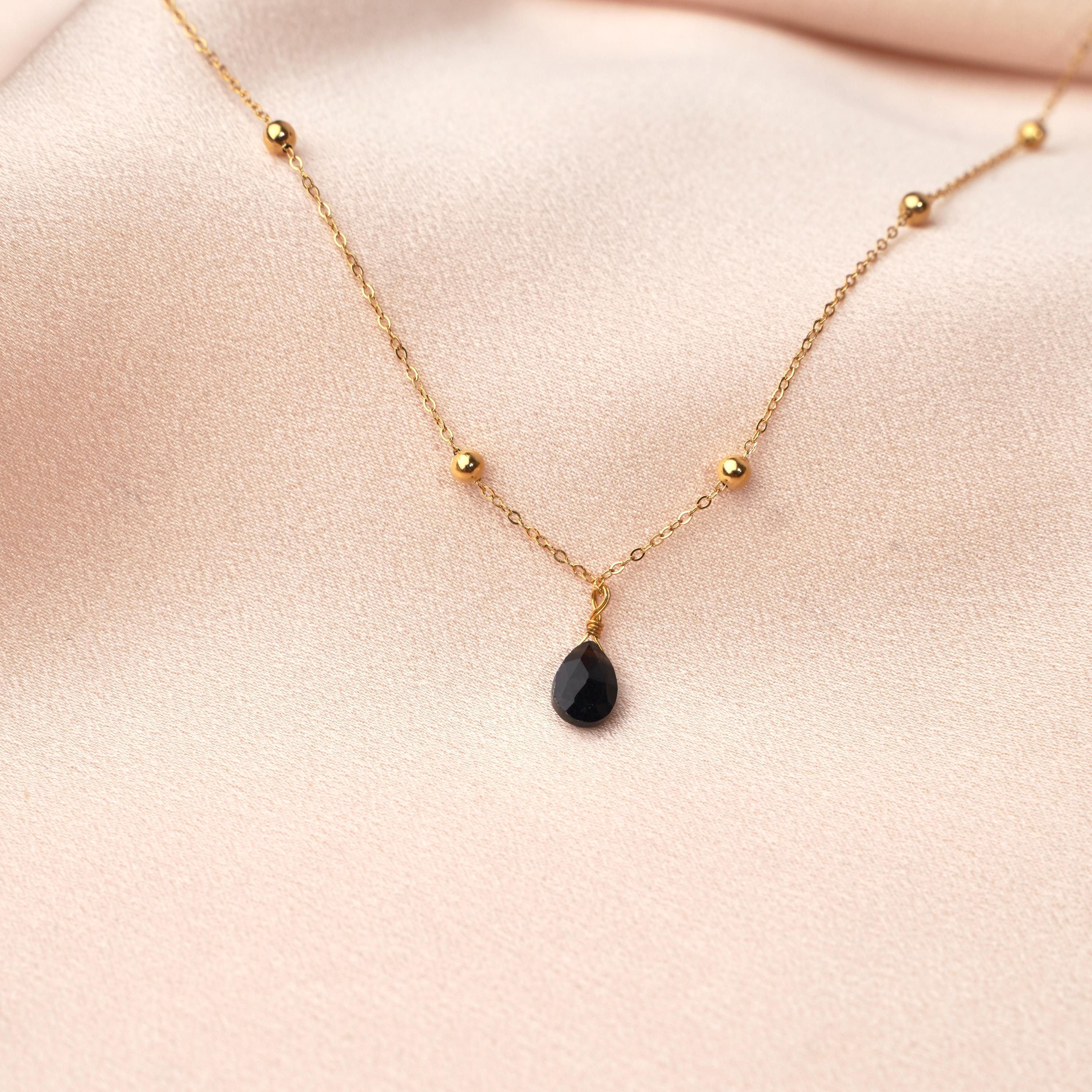 Collier fin pendentif goutte pierre agate verte/ Collier femme minimaliste chaine acier inoxydable