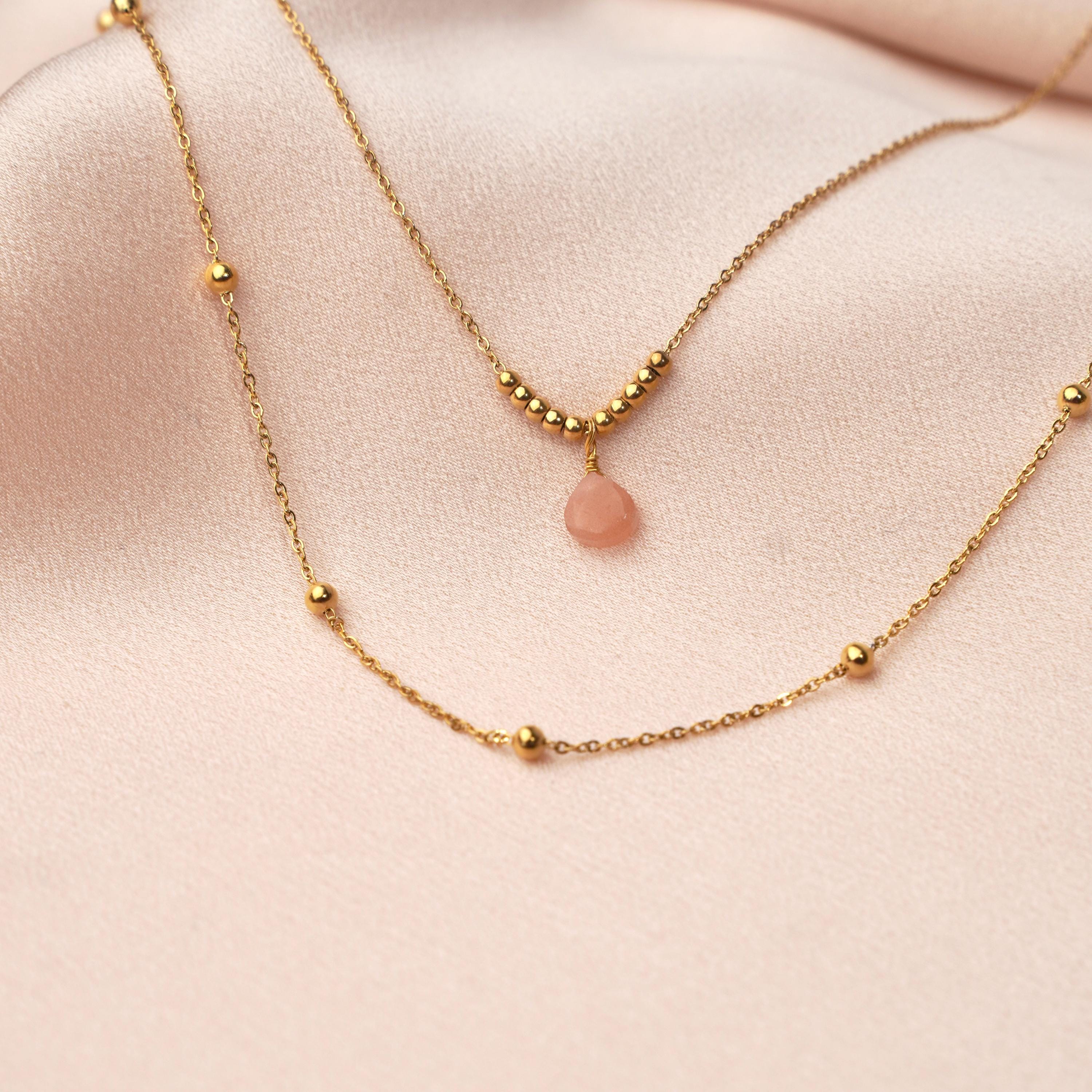 Collier fin double rang pierre naturelle rose fuchsia / Collier femme acier inoxydable chaine à billes acier pendentif goutte