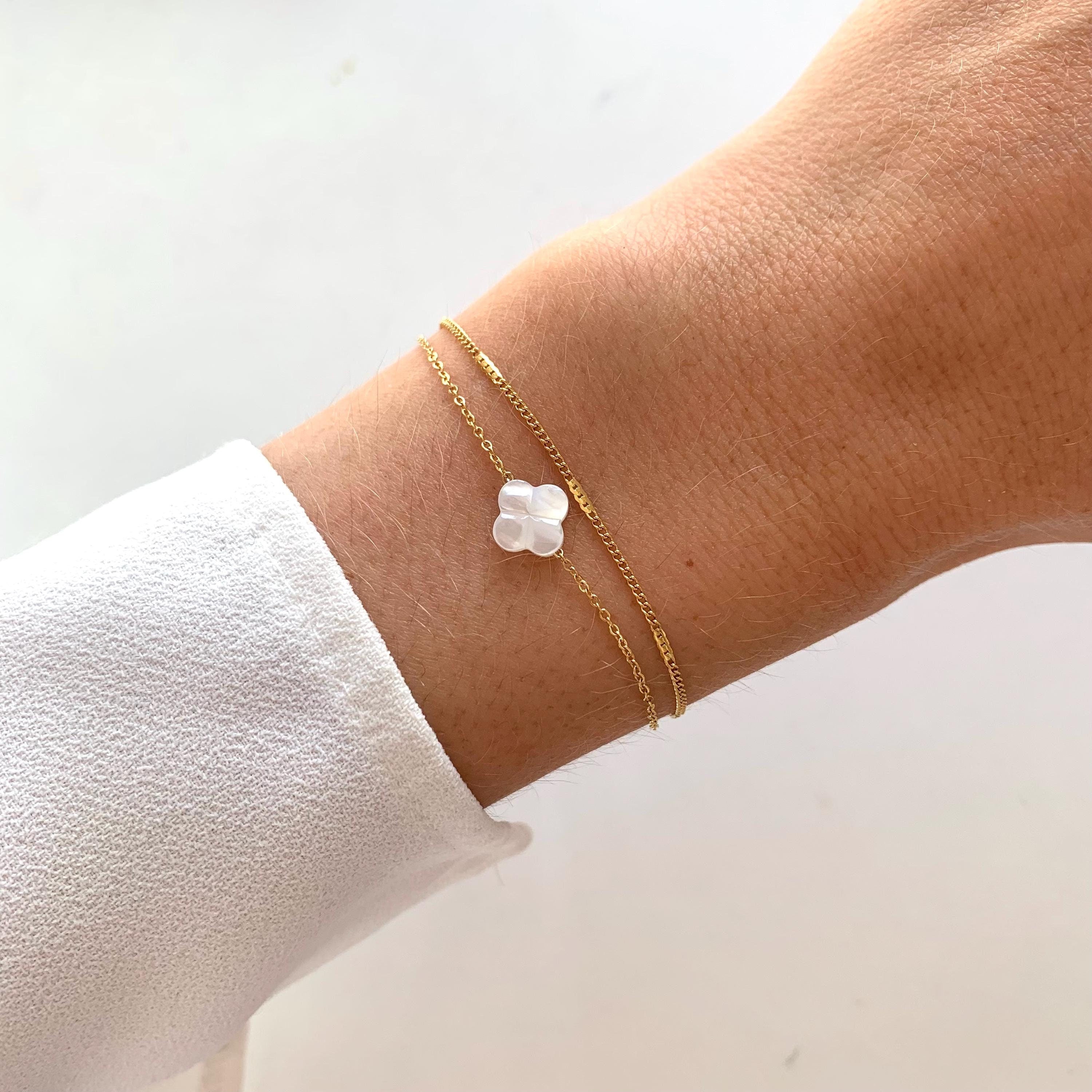 Bracelet trèfle en nacre / Bracelet double acier inoxydable