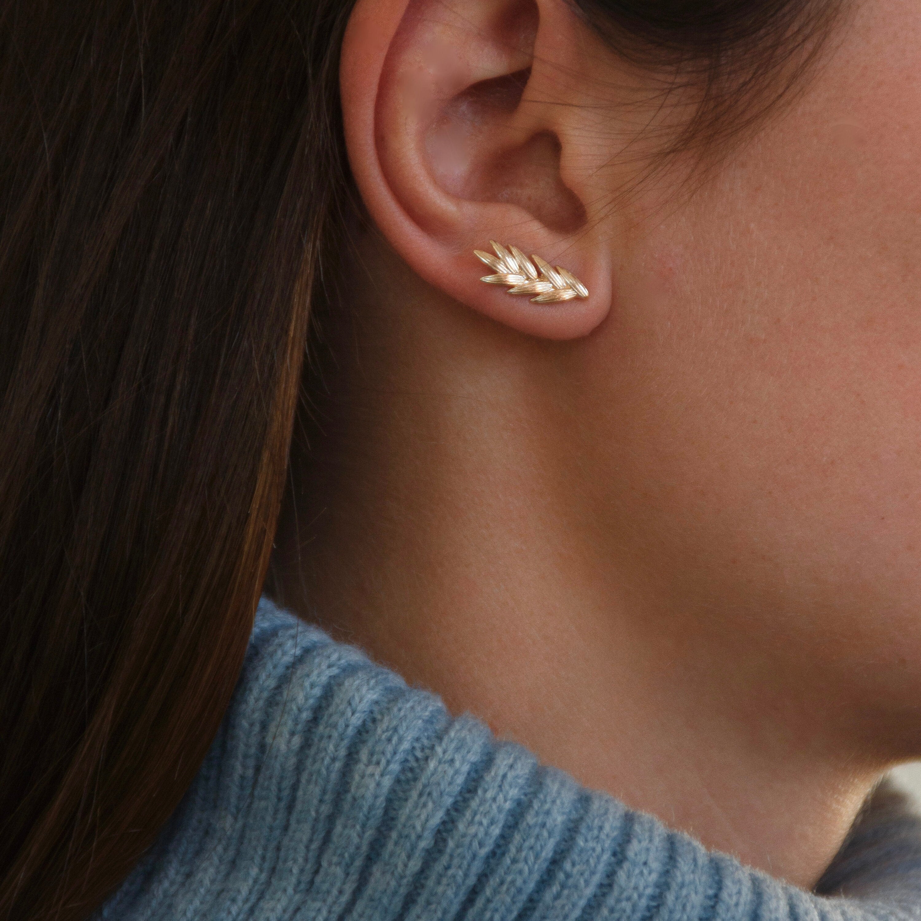 Boucles d'oreilles plaqué or feuille laurier / Boucles d'oreilles montantes épis / Cadeau femme