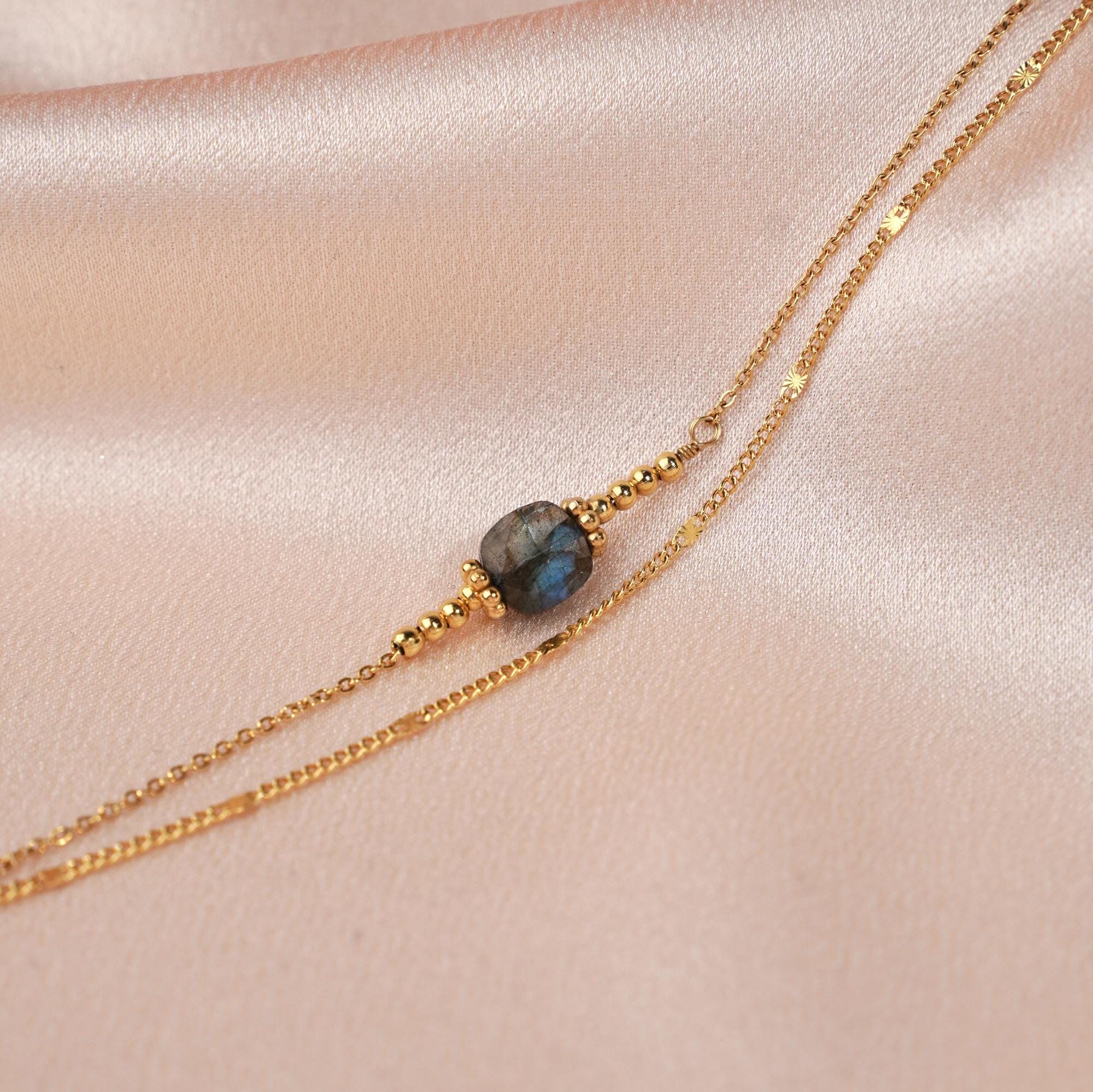 Bracelet acier inoxydable pierre naturelle labradorite / Bracelet double rang chaine fine perle carré grise
