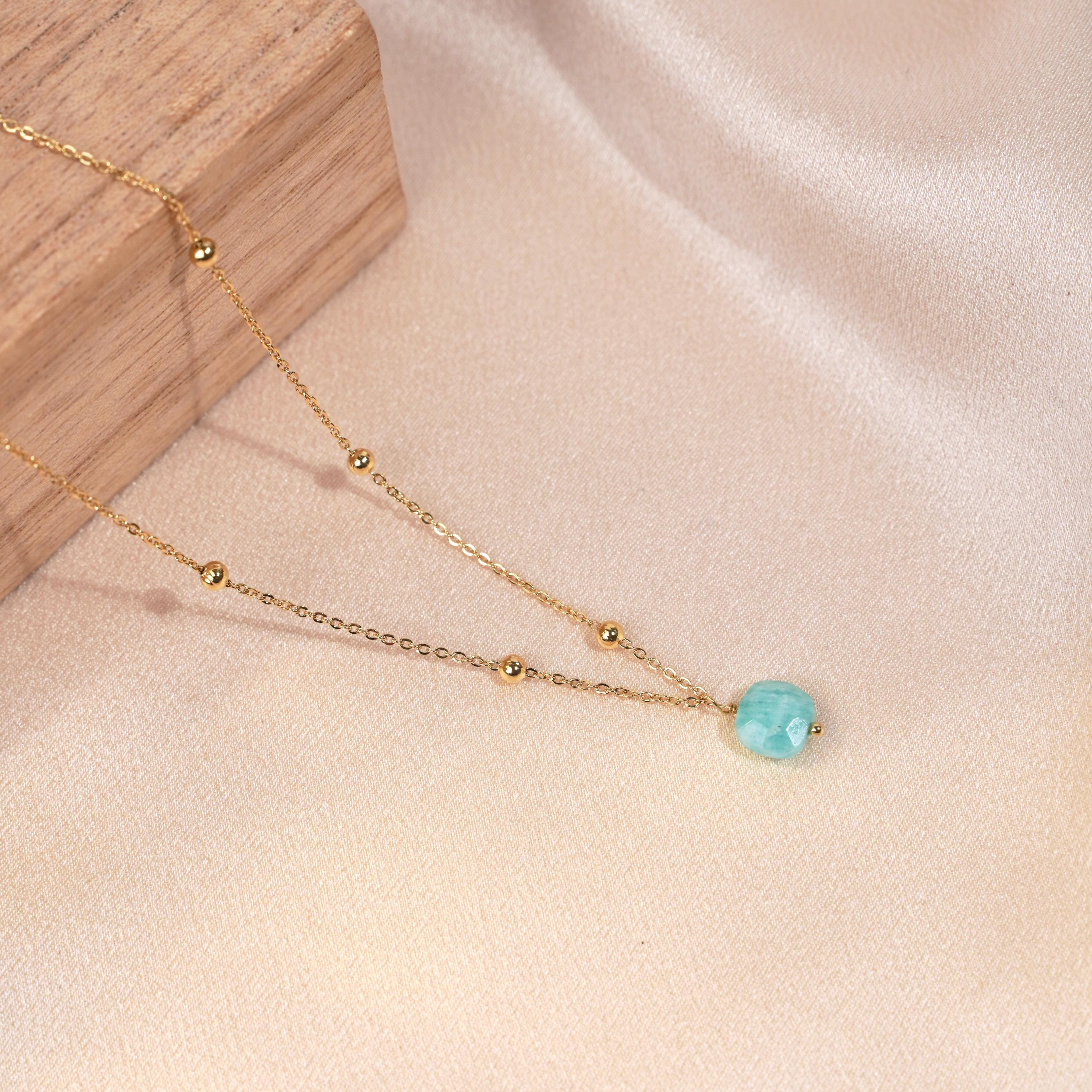 Collier acier inoxydable pendentif pierre amazonite bleu givré / Collier femme minimaliste chaine fine
