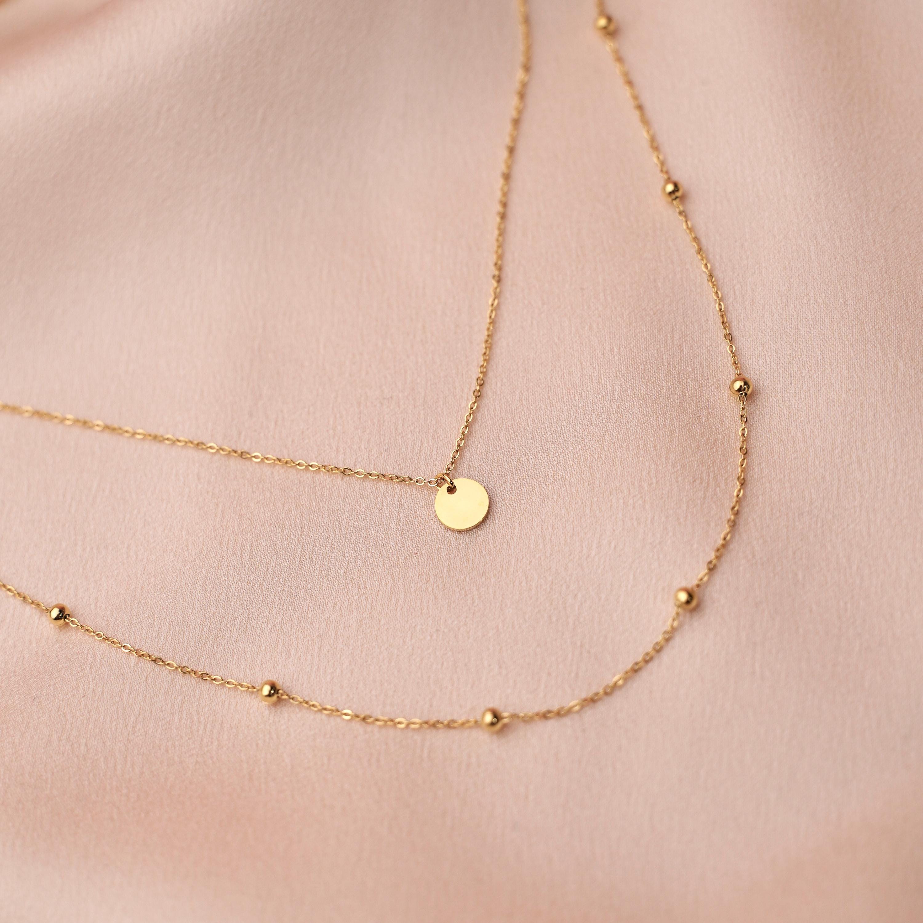 Collier acier inoxydable double rang chaine pendentif rond / Collier femme chaine à billes