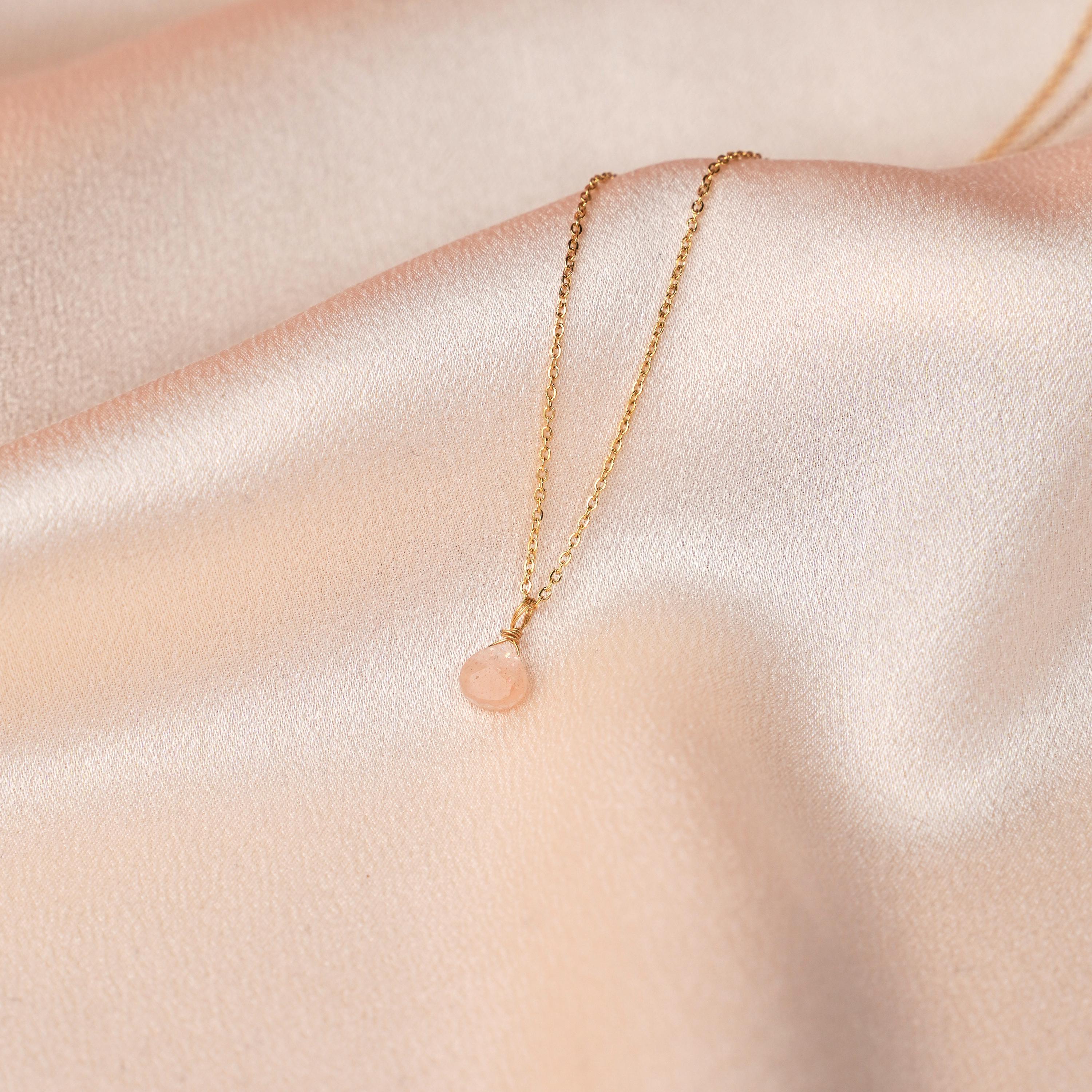 Collier fin chaine acier inoxydable pendentif pierre Quartz rose / Collier femme minimaliste chaine fine pierre naturelle goutte