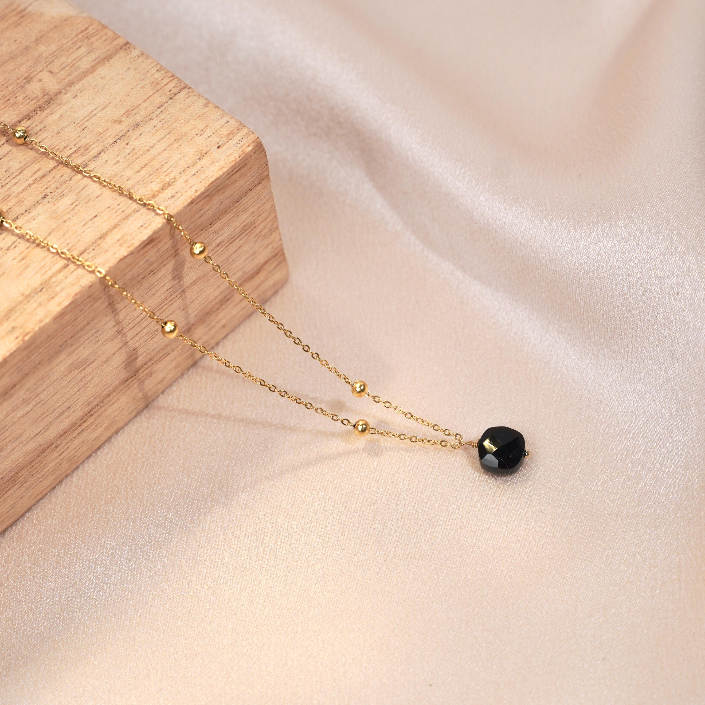 Collier acier inoxydable pendentif pierre onyx noir / Collier femme minimaliste chaine fine