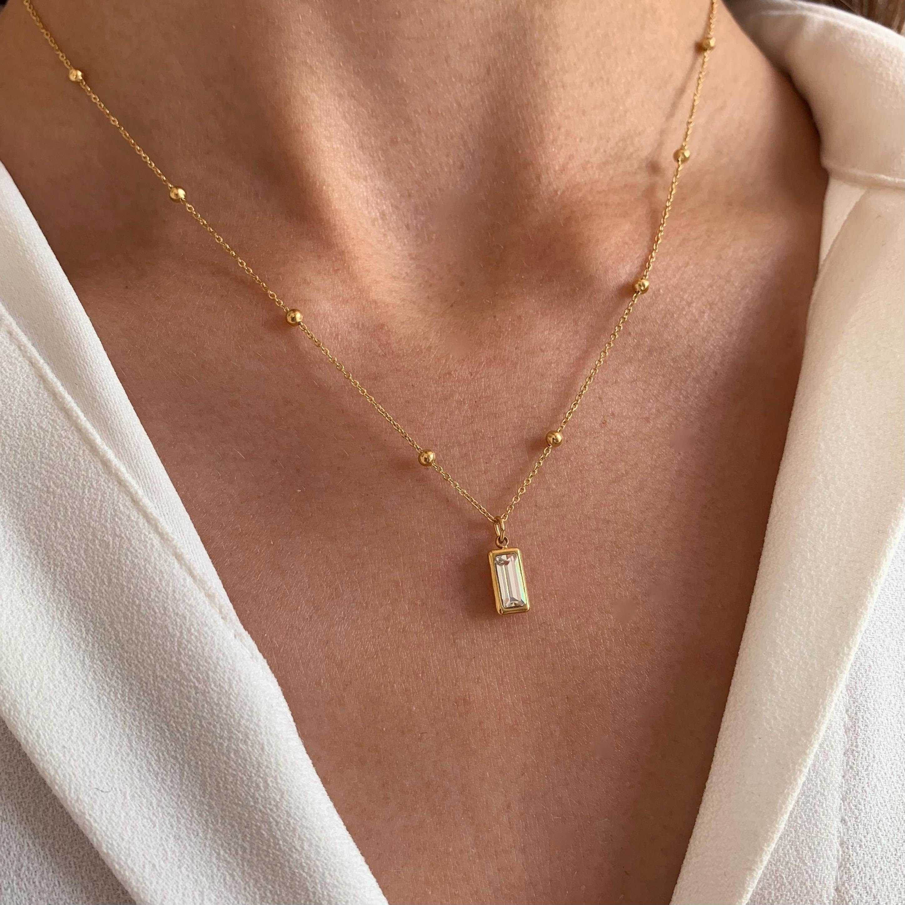 Collier fin pendentif pierre zircon brilliant / Collier femme minimaliste chaine fine acier inoxydable / Cadeau femme
