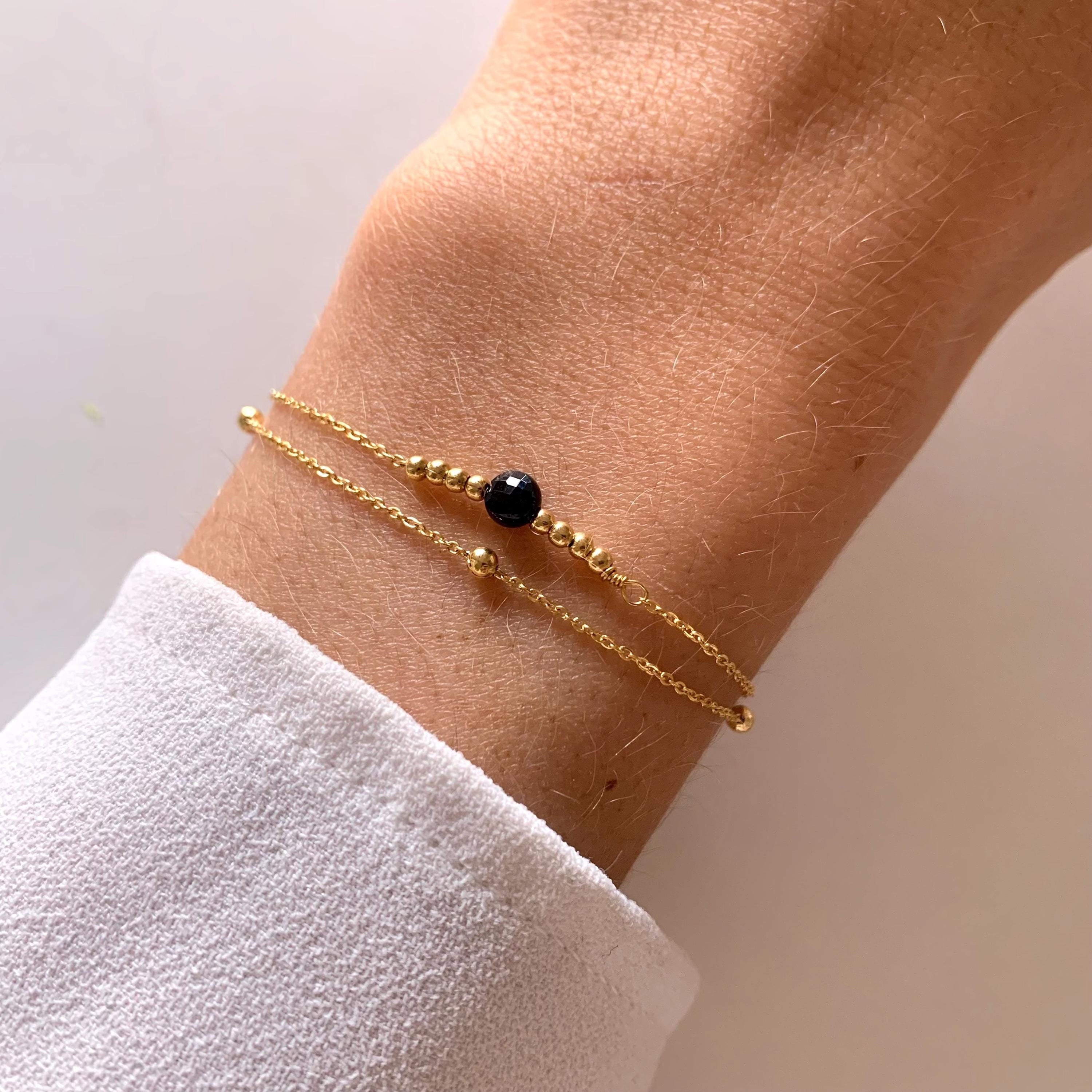 Bracelet femme double rang chaine fine pierre naturelle Onyx / Bracelet acier inoxydable