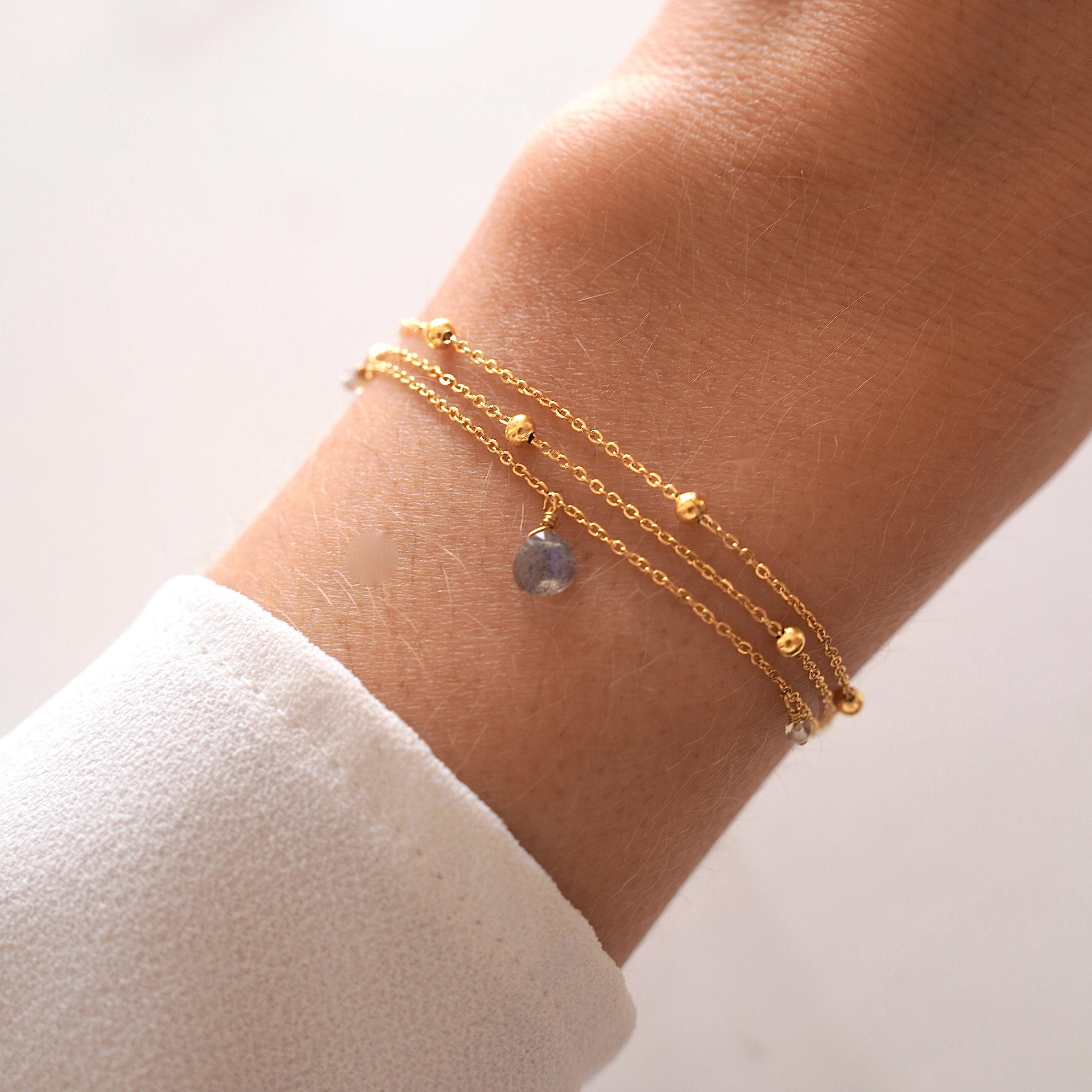 Bracelet femme acier inoxydable triple rang chaine fine pierre naturelle lapis lazuli