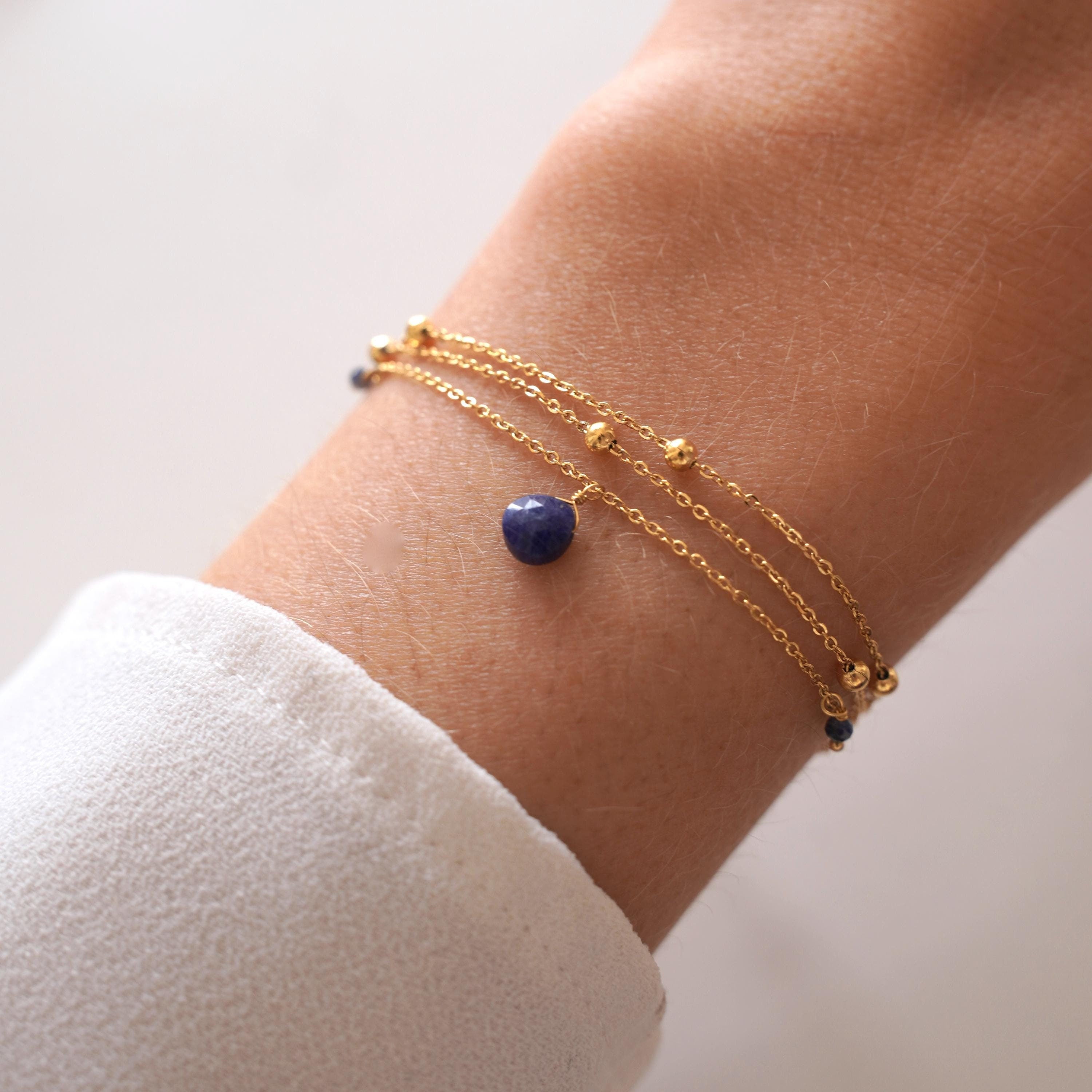 Bracelet femme acier inoxydable triple rang chaine fine pierre naturelle lapis lazuli
