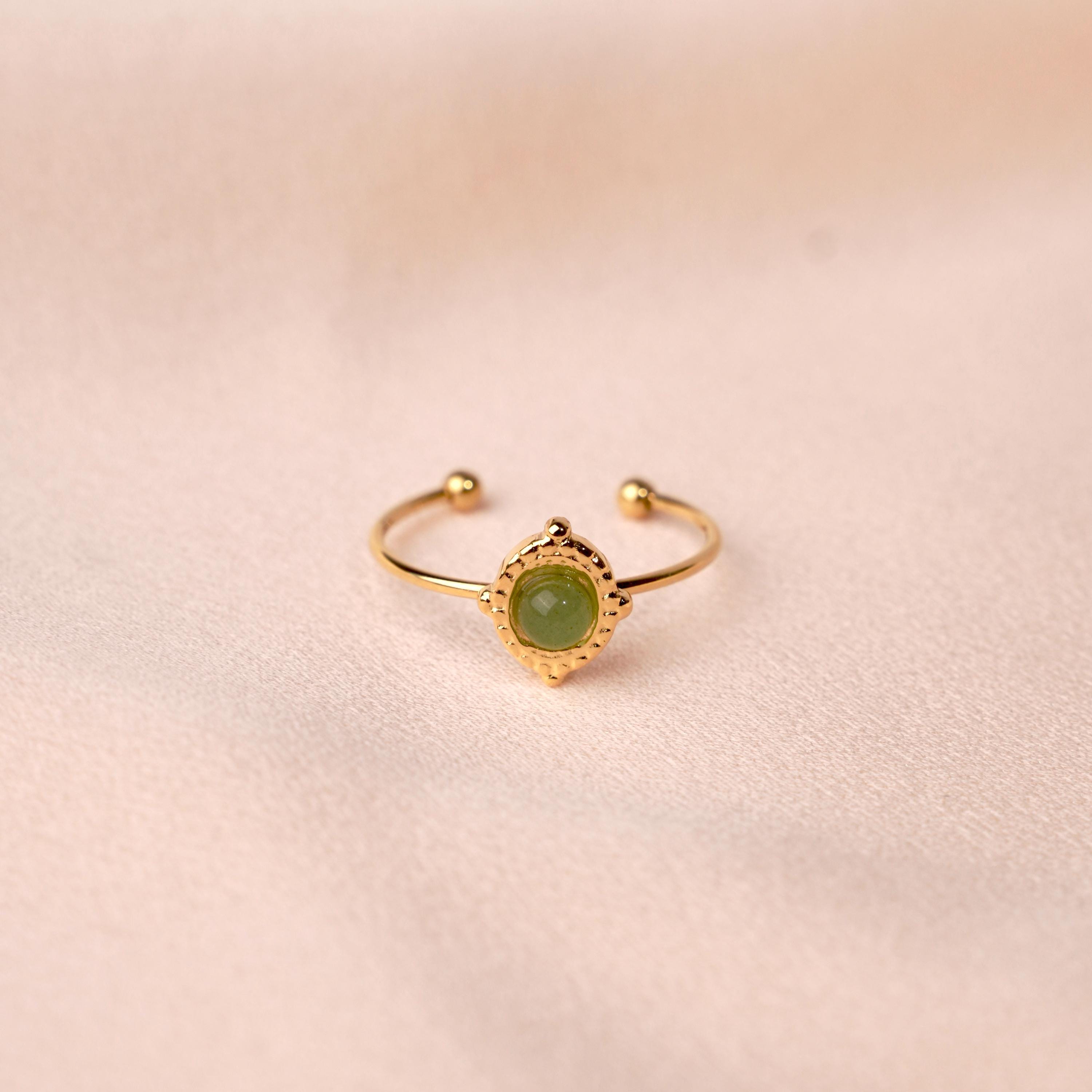 Bague femme acier inoxydable moderne pierre naturelle agate verte / bague fine dorée water resistant
