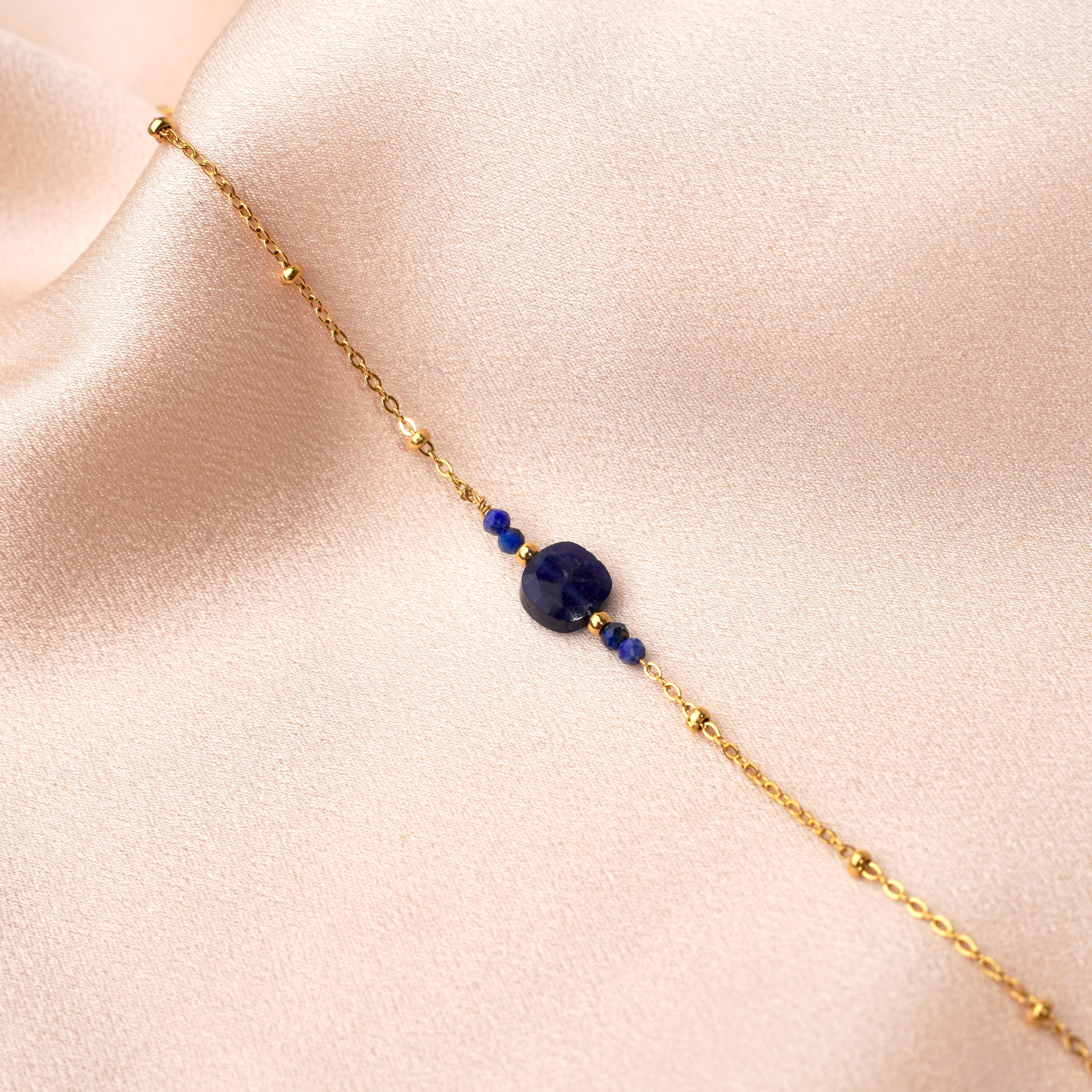 Bracelet acier inoxydable pierre naturelle lapis lazuli / Bracelet chaine fine perle carré bleu
