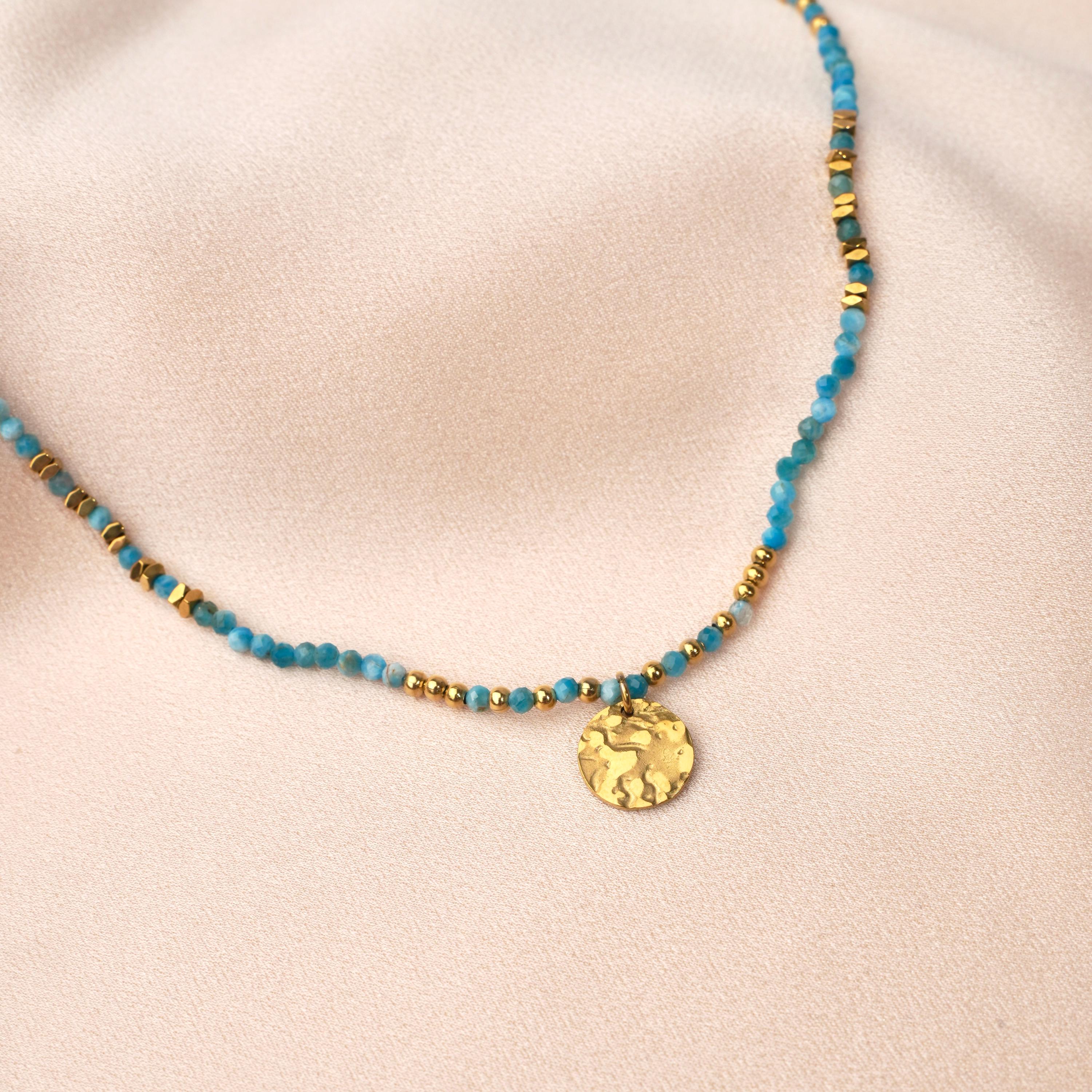 Collier pierre naturelle Apatite / Collier femme perles pendentif rond acier inoxydable