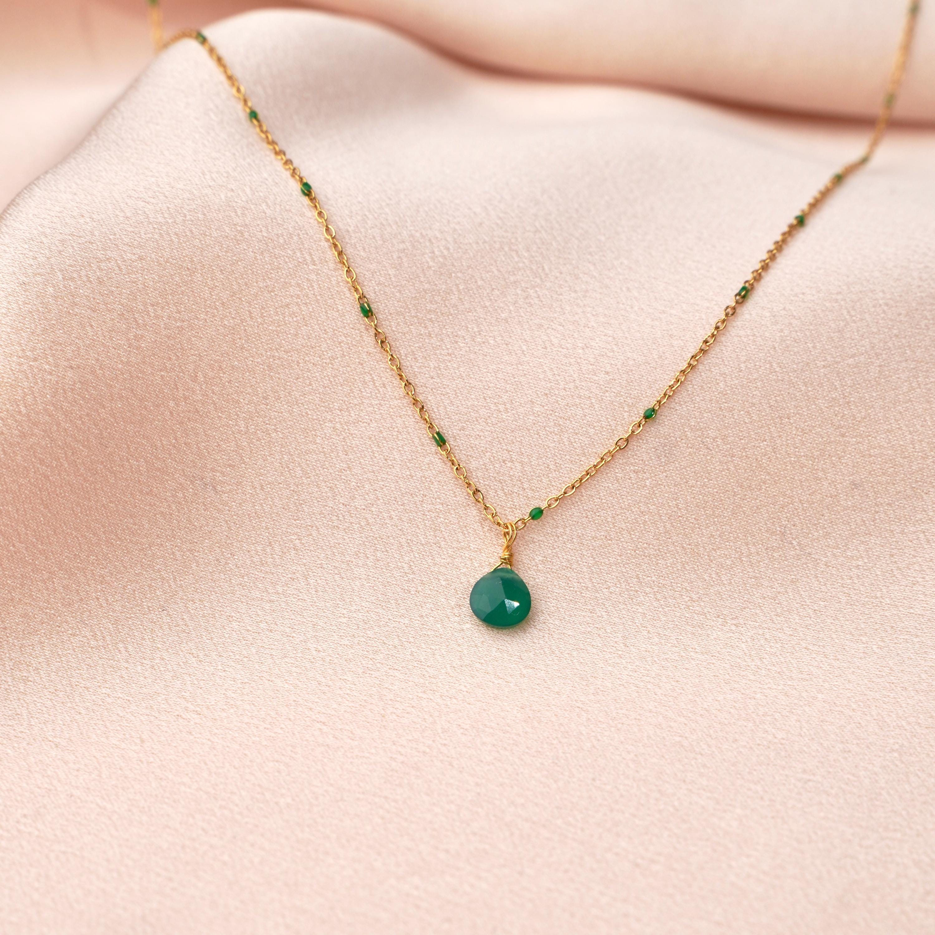 Collier acier inoxydable pendentif goutte pierre verte Agate / Collier femme minimaliste chaine