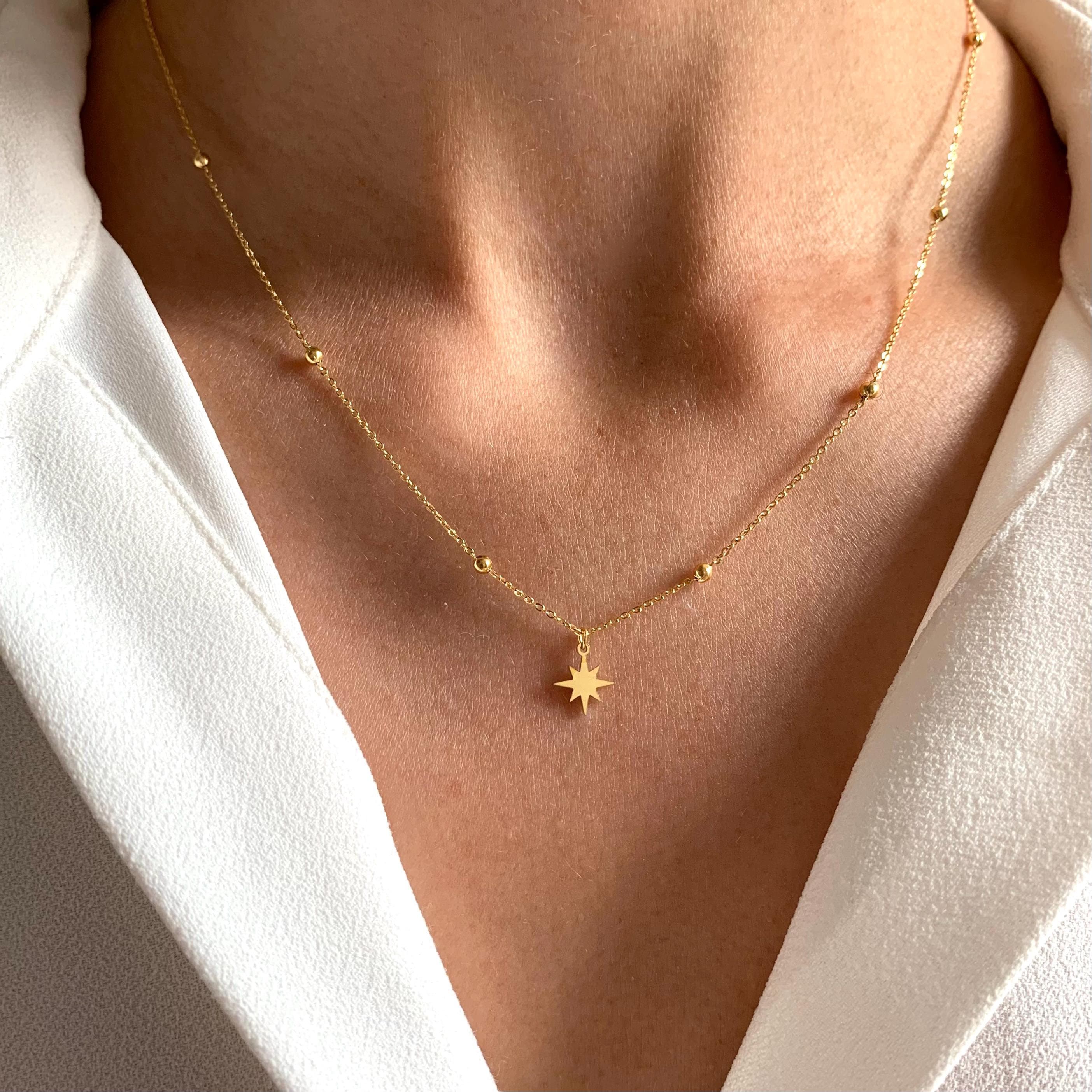 Collier acier inoxydable pendentif étoile chaine boule / Collier femme fin chaine billes