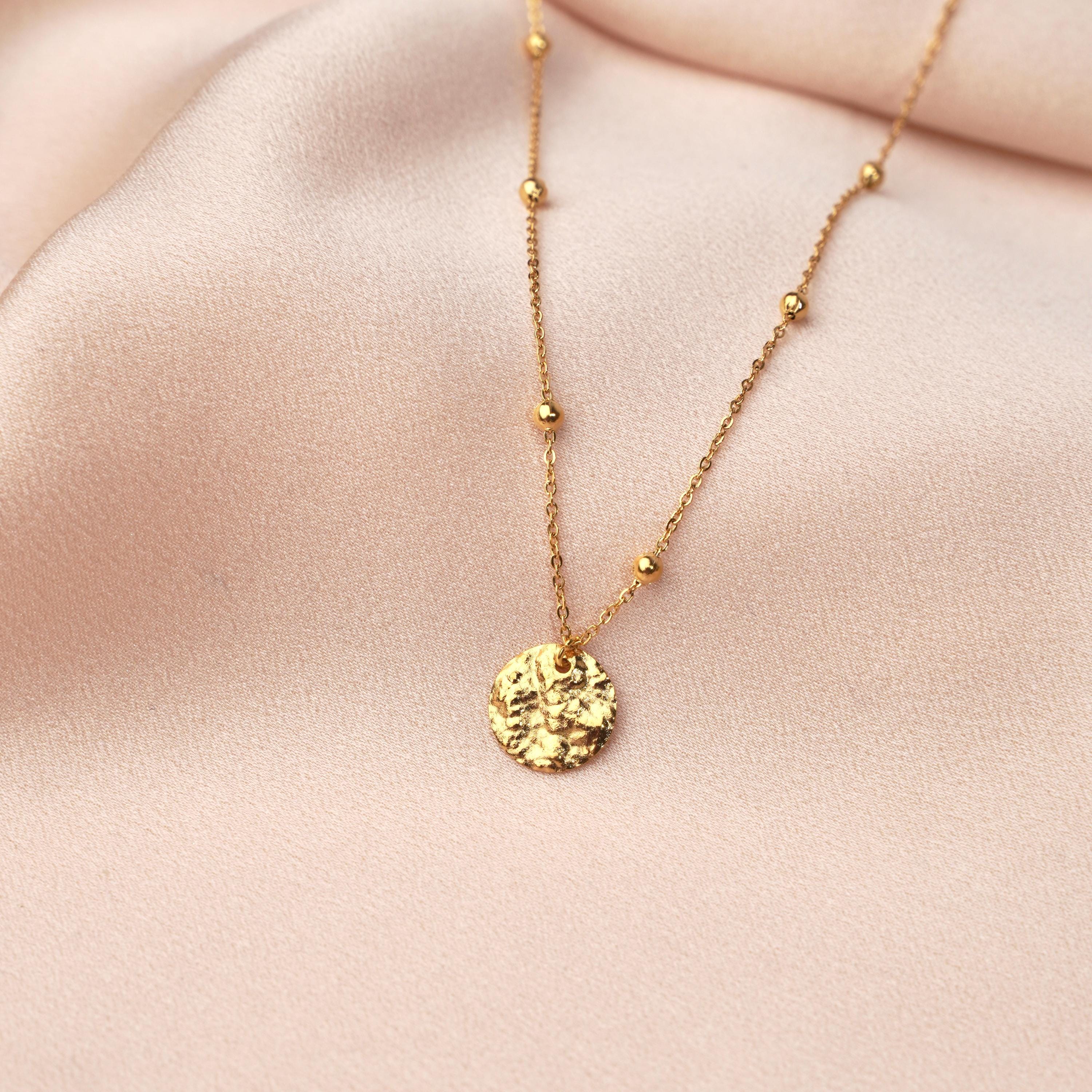 Collier acier inoxydable pendentif rond martelé chaine boule / Collier femme fin chaine billes