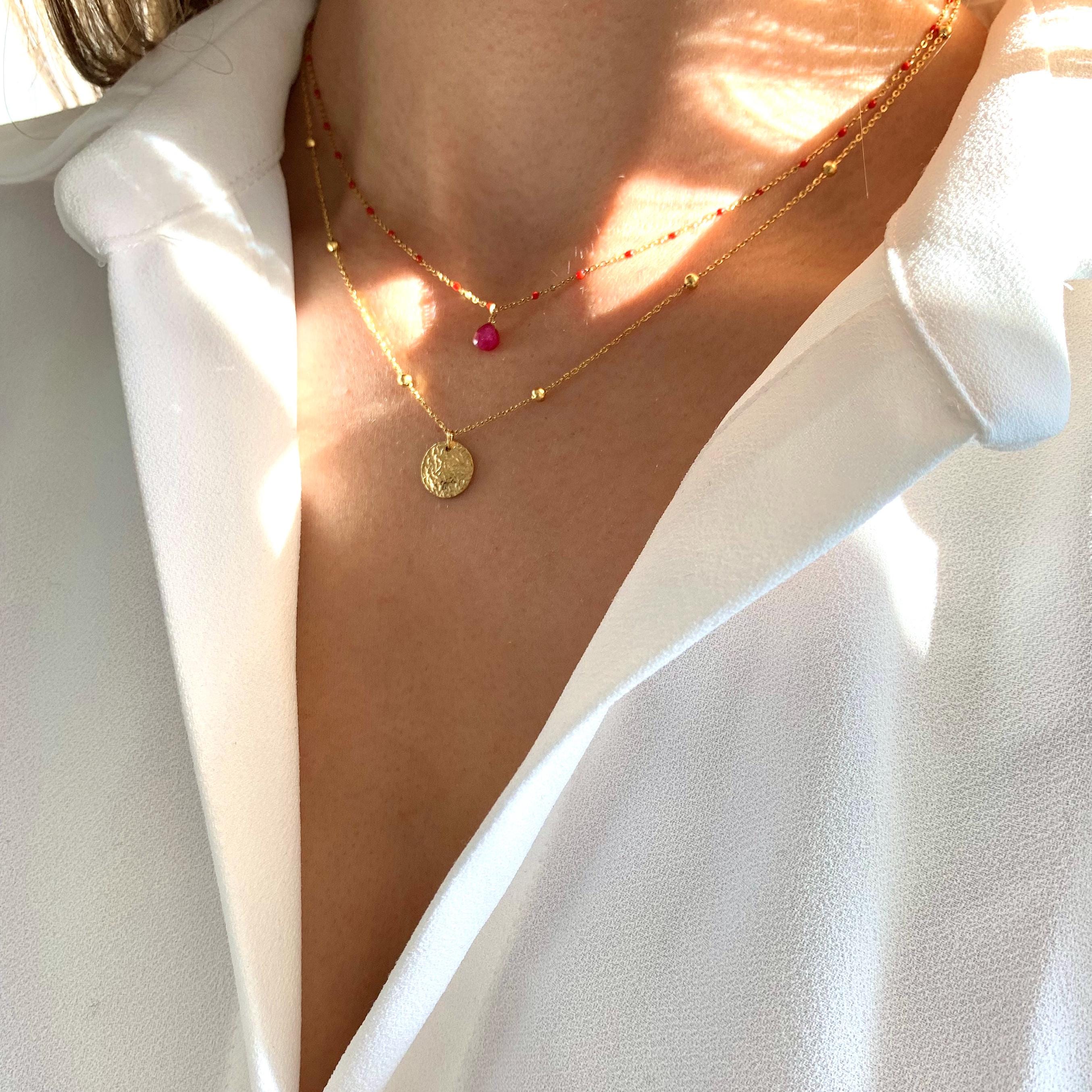 Collier acier inoxydable pendentif rond martelé chaine boule / Collier femme fin chaine billes