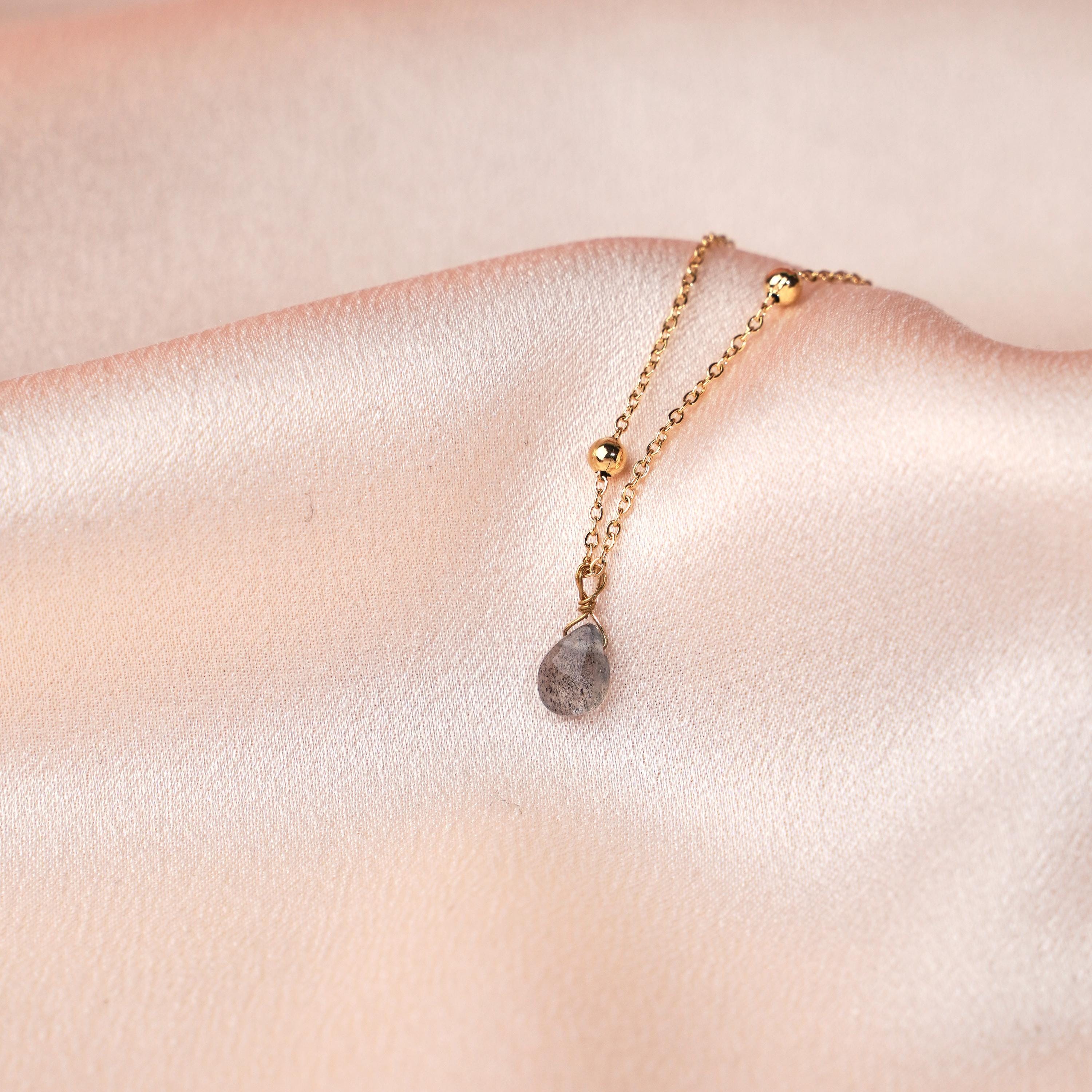 Collier fin pendentif pierre amazonite bleu turquoise / Collier femme minimaliste chaine fine acier inoxydable / Cadeau femme