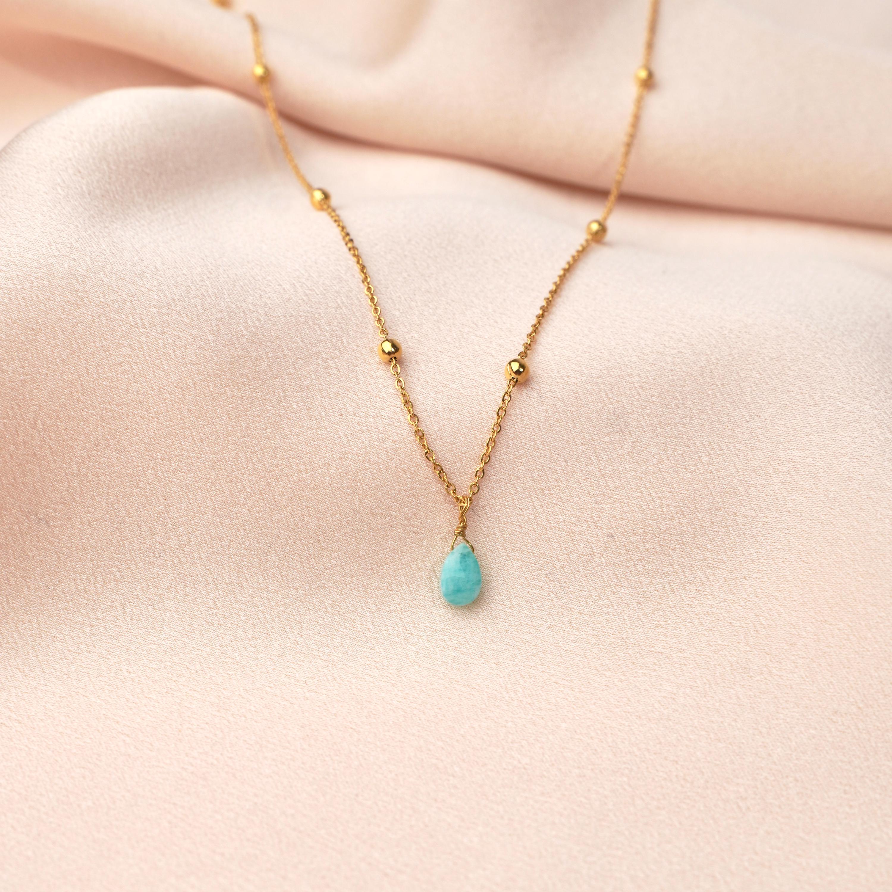 Collier fin pendentif goutte pierre agate verte/ Collier femme minimaliste chaine acier inoxydable