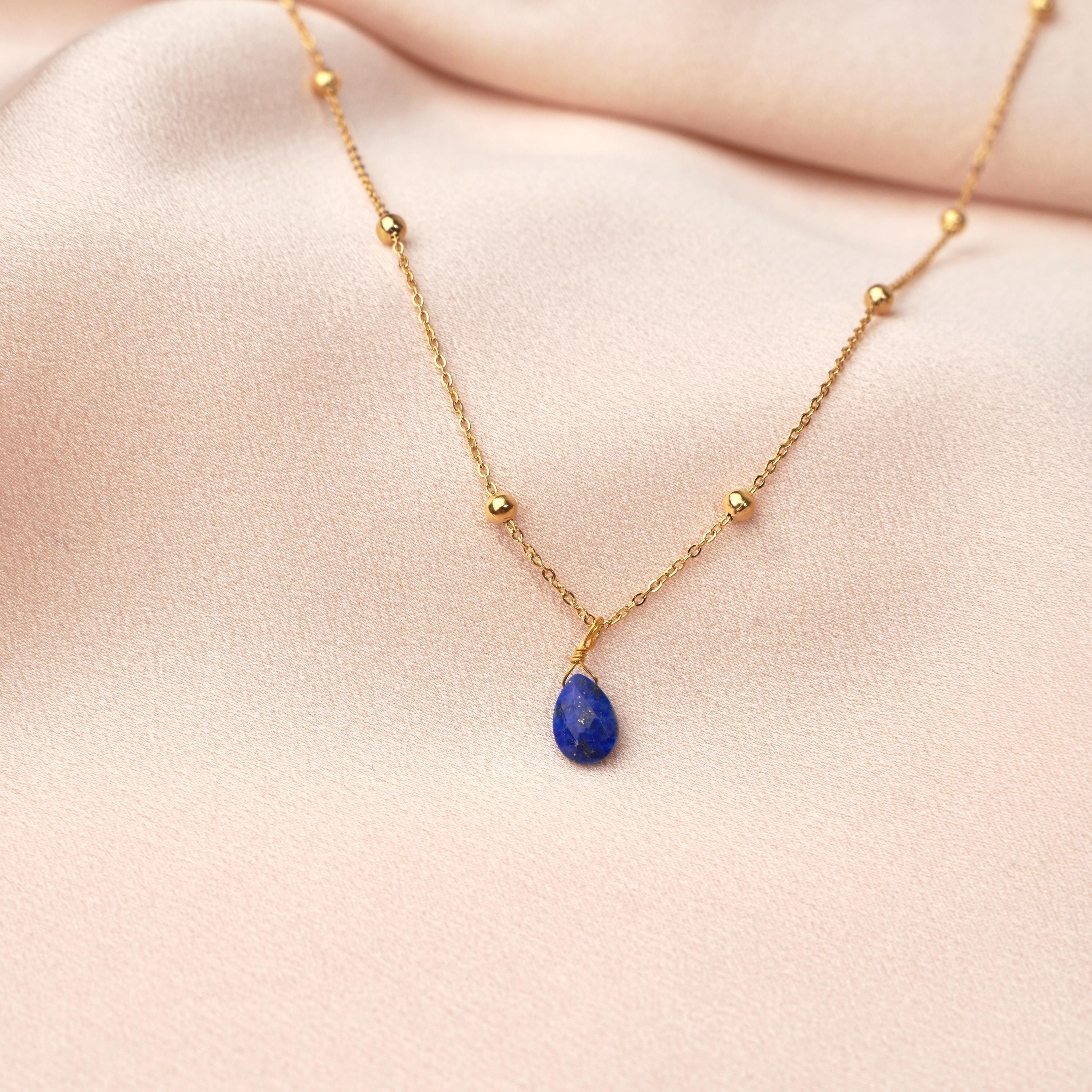 Collier fin pendentif goutte pierre bleue Lapis Lazuli / Collier femme minimaliste chaine acier inoxydable