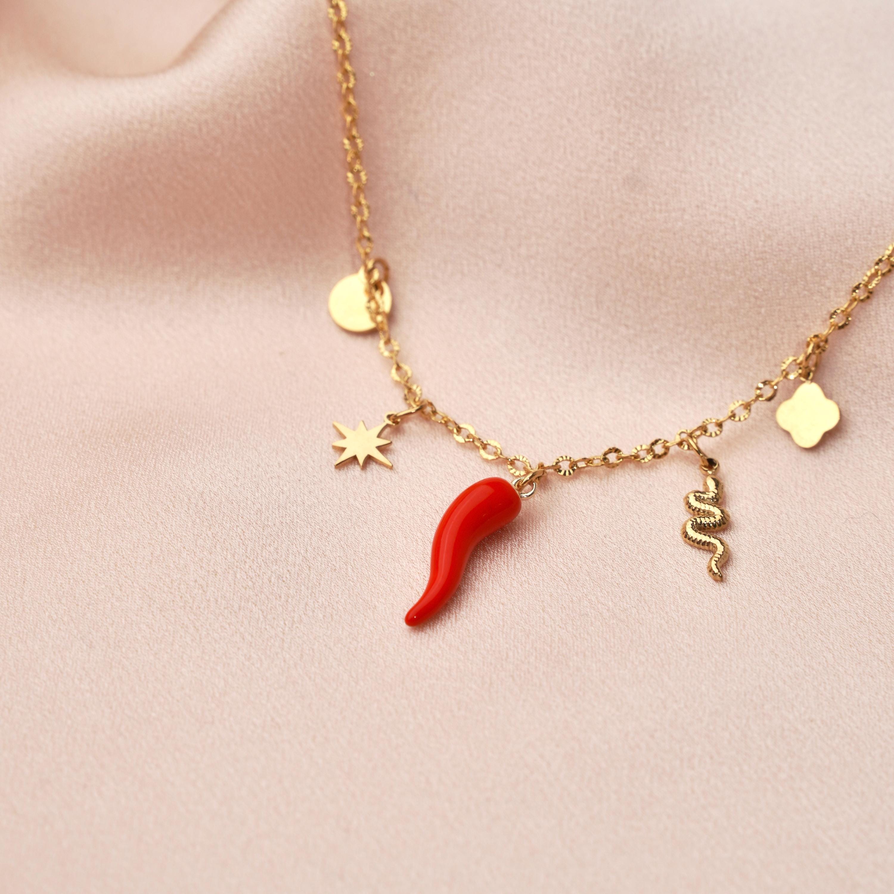 Collier à breloques piment rouge, étoile, rond, trèfle / Collier pendentifs en acier inoxydable
