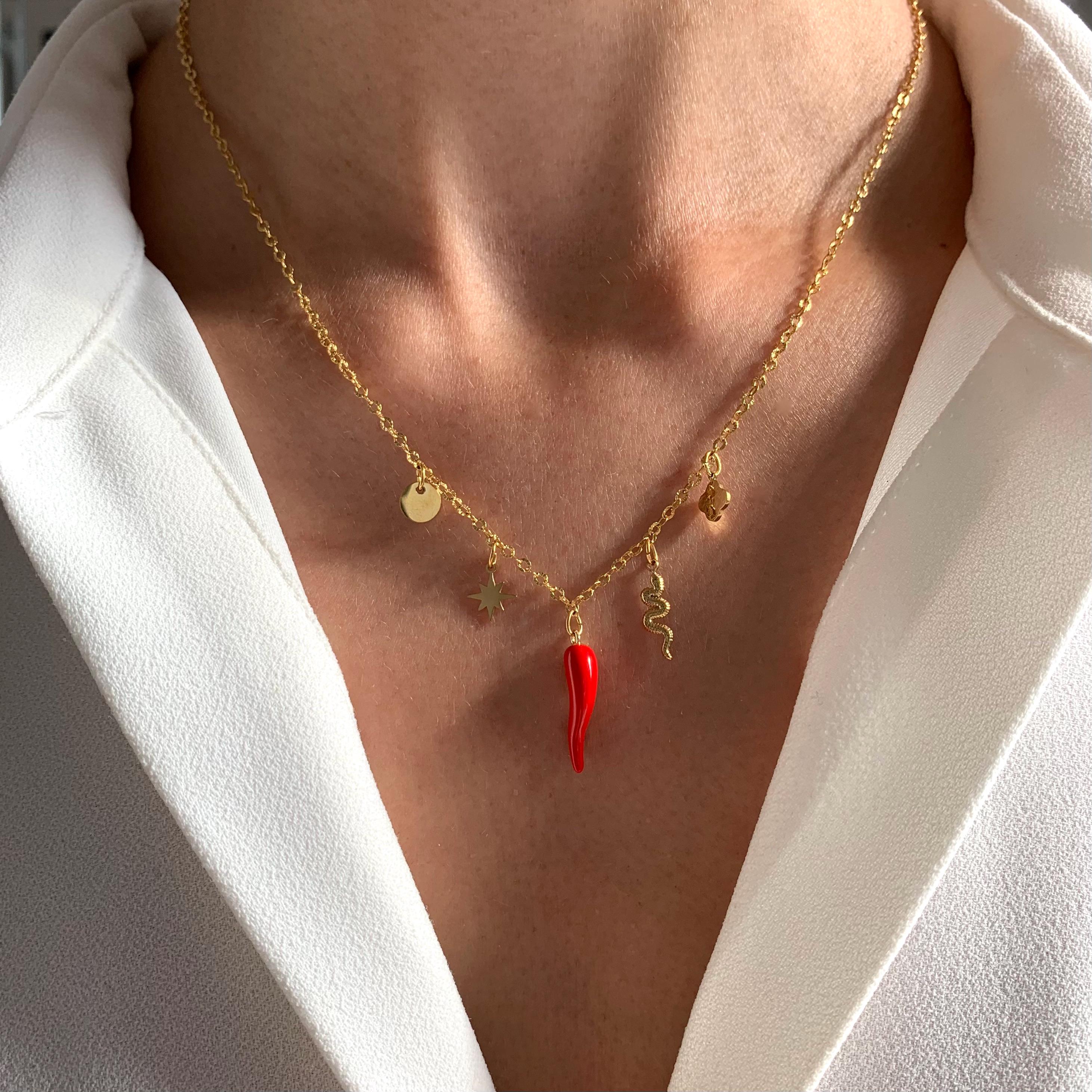 Collier à breloques piment rouge, étoile, rond, trèfle / Collier pendentifs en acier inoxydable