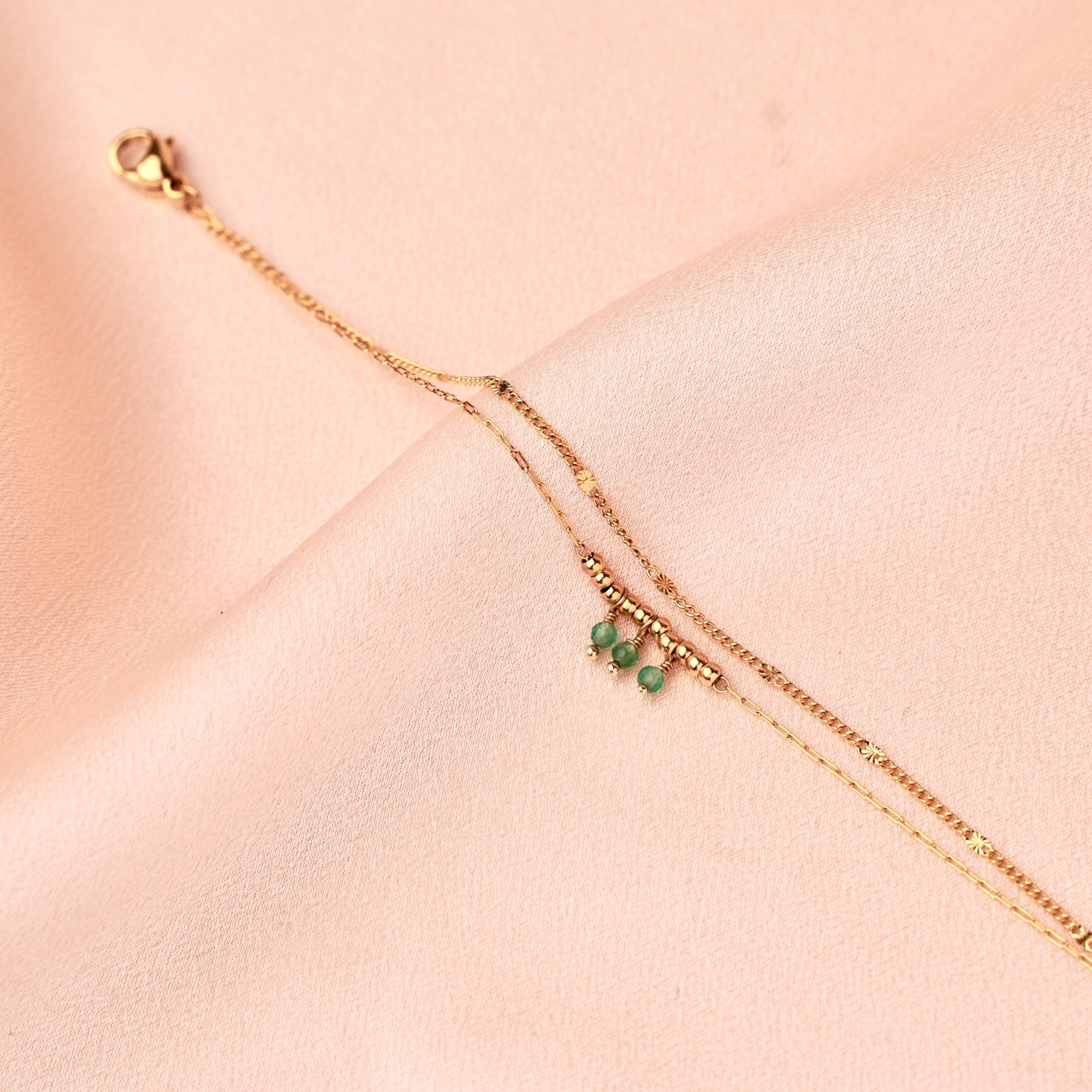 Bracelet acier inoxydable pierre naturelle agate verte / Bracelet double rang chaine fine perles vertes