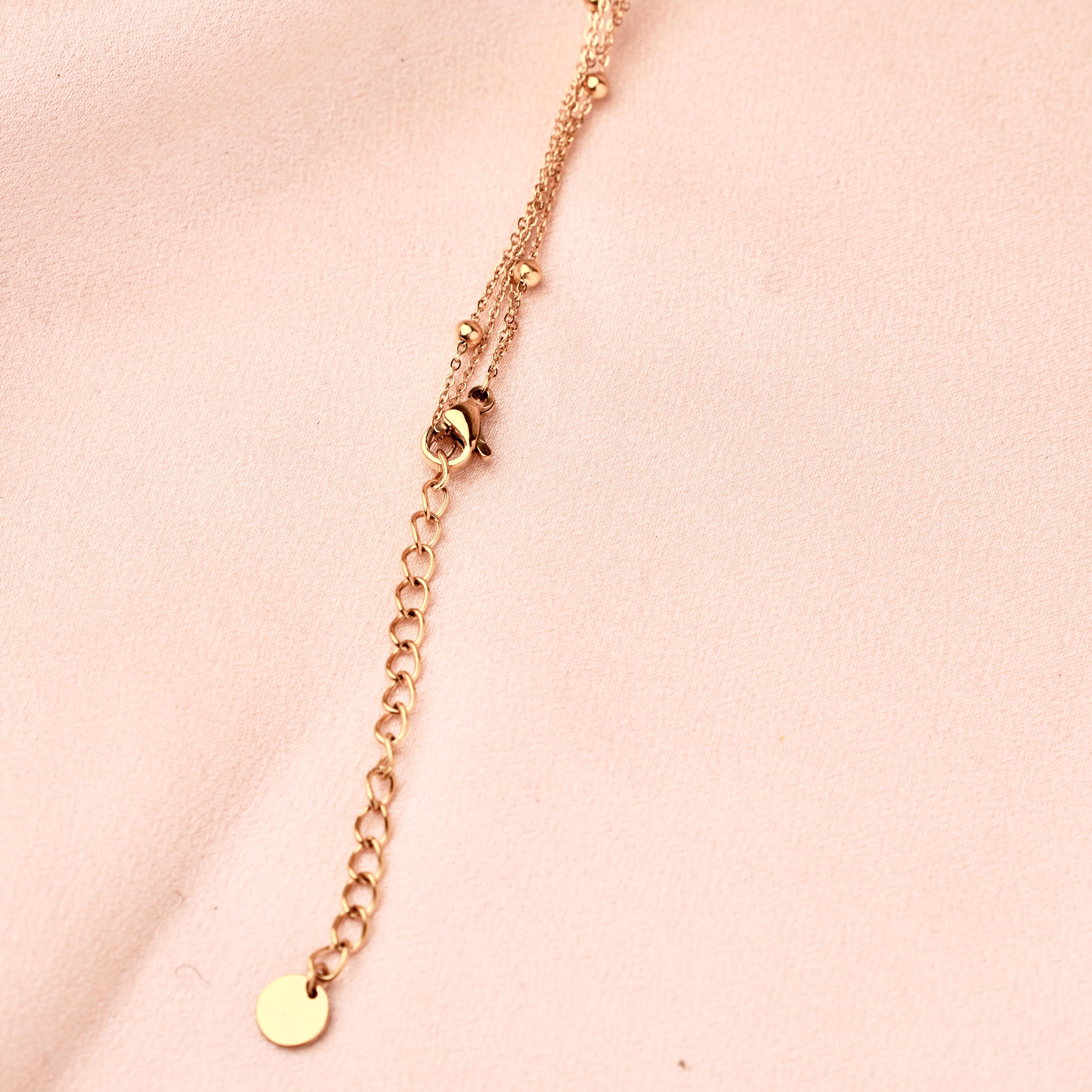 Collier fin double rang pierre naturelle rose fuchsia / Collier femme acier inoxydable chaine à billes acier pendentif goutte