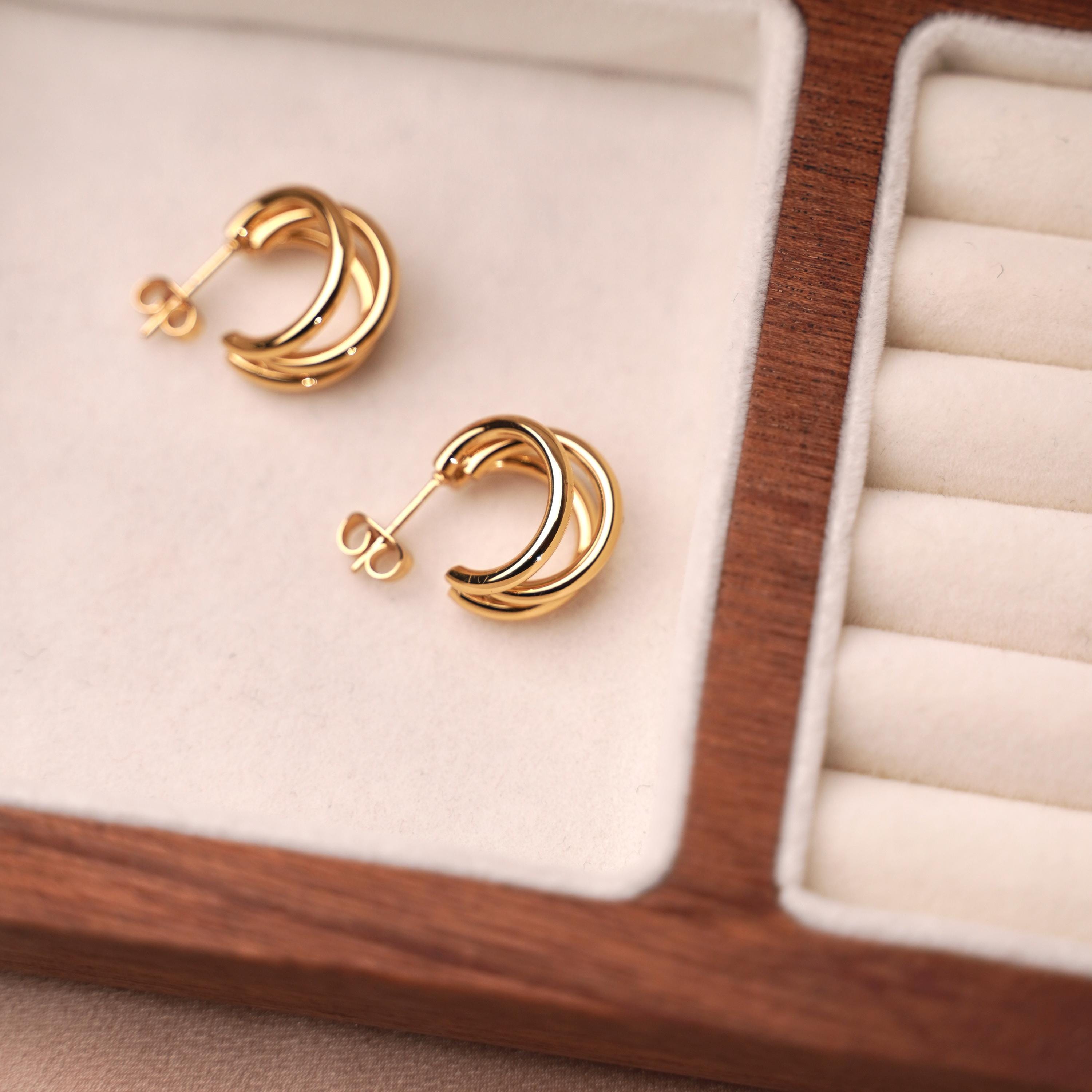 Boucles d'oreilles acier inoxydable trois anneaux / Boucles d'oreilles anneaux triples créoles