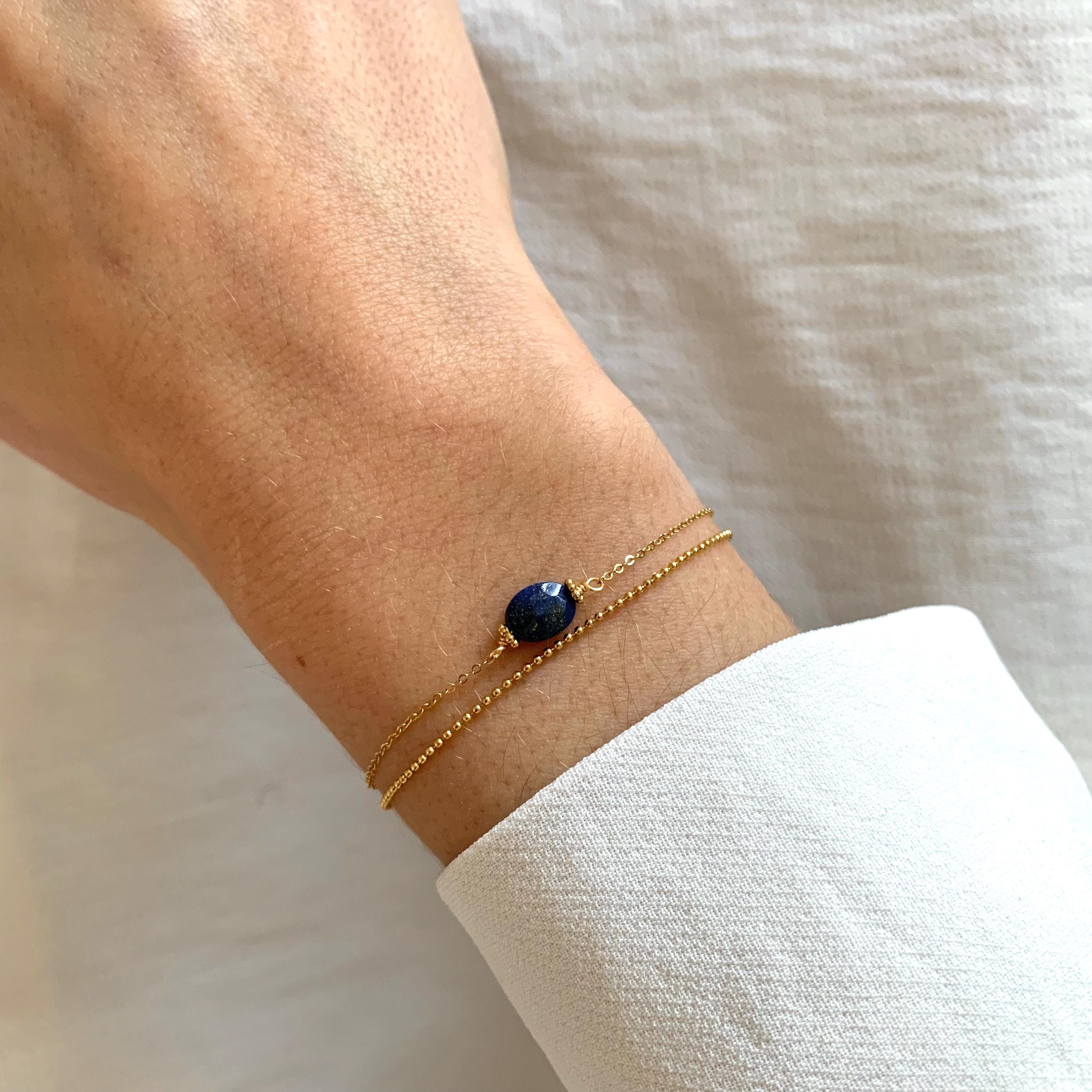 Bracelet femme acier inoxydable double rang chaine fine pierre naturelle lapis lazuli