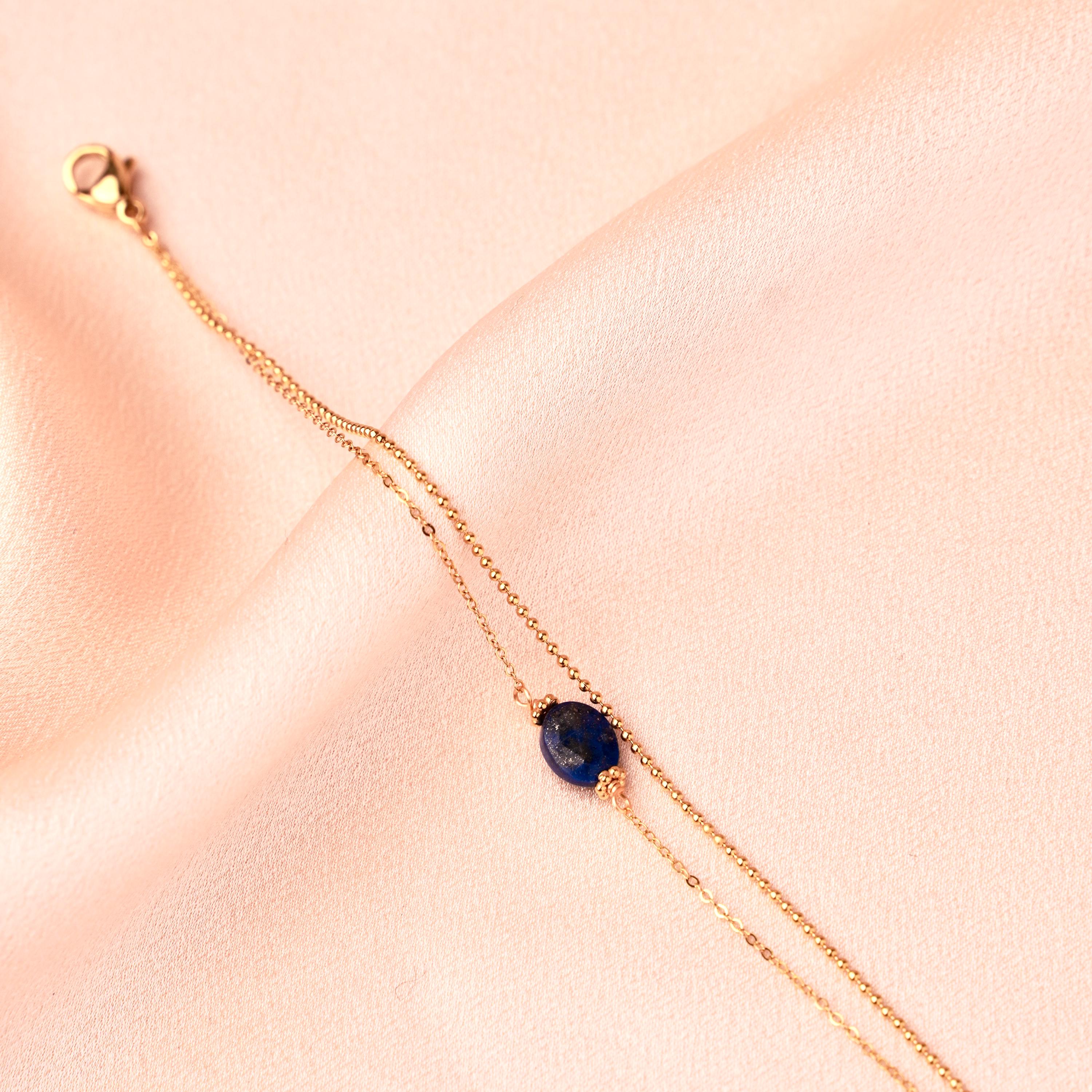 Bracelet femme acier inoxydable double rang chaine fine pierre naturelle lapis lazuli