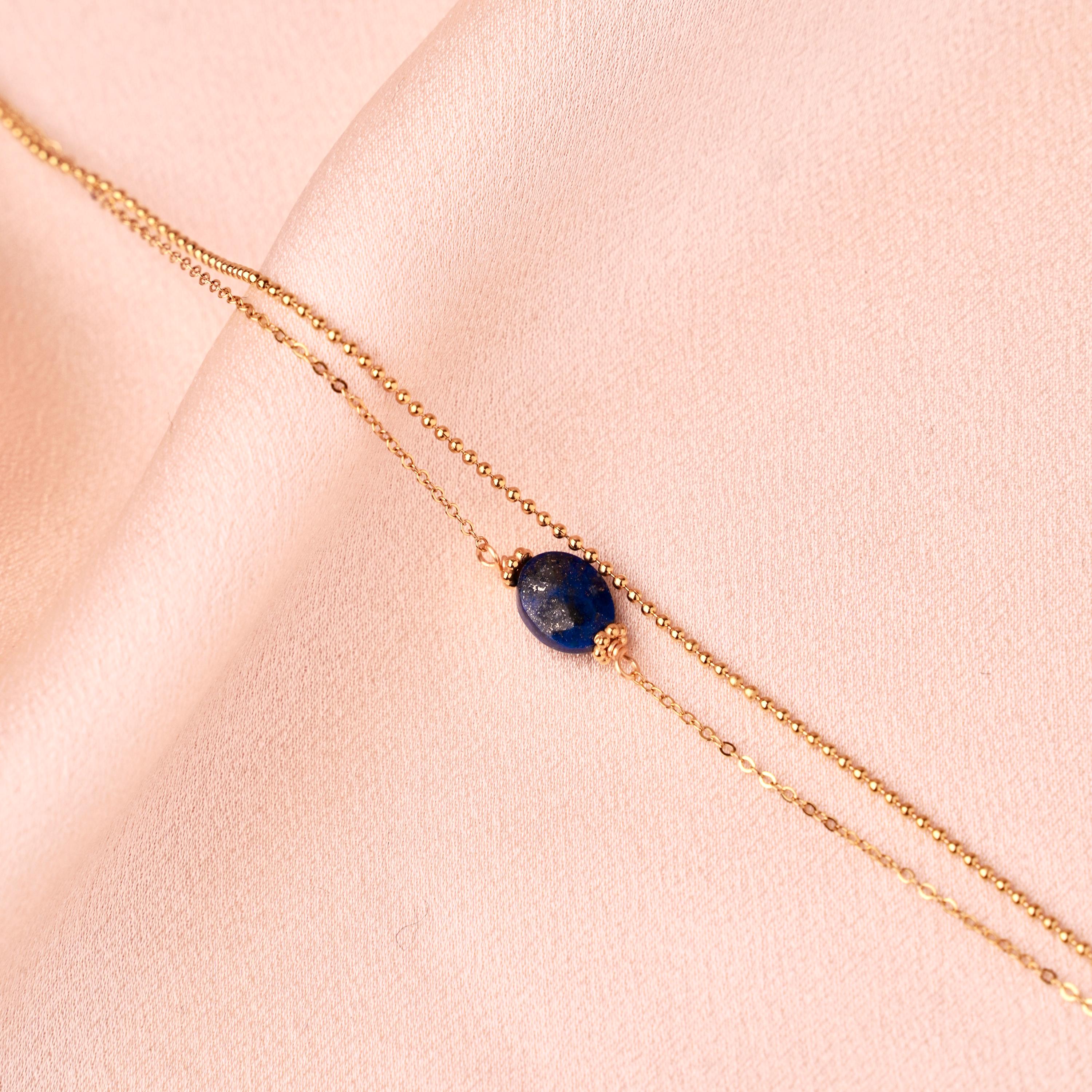 Bracelet femme acier inoxydable double rang chaine fine pierre naturelle lapis lazuli