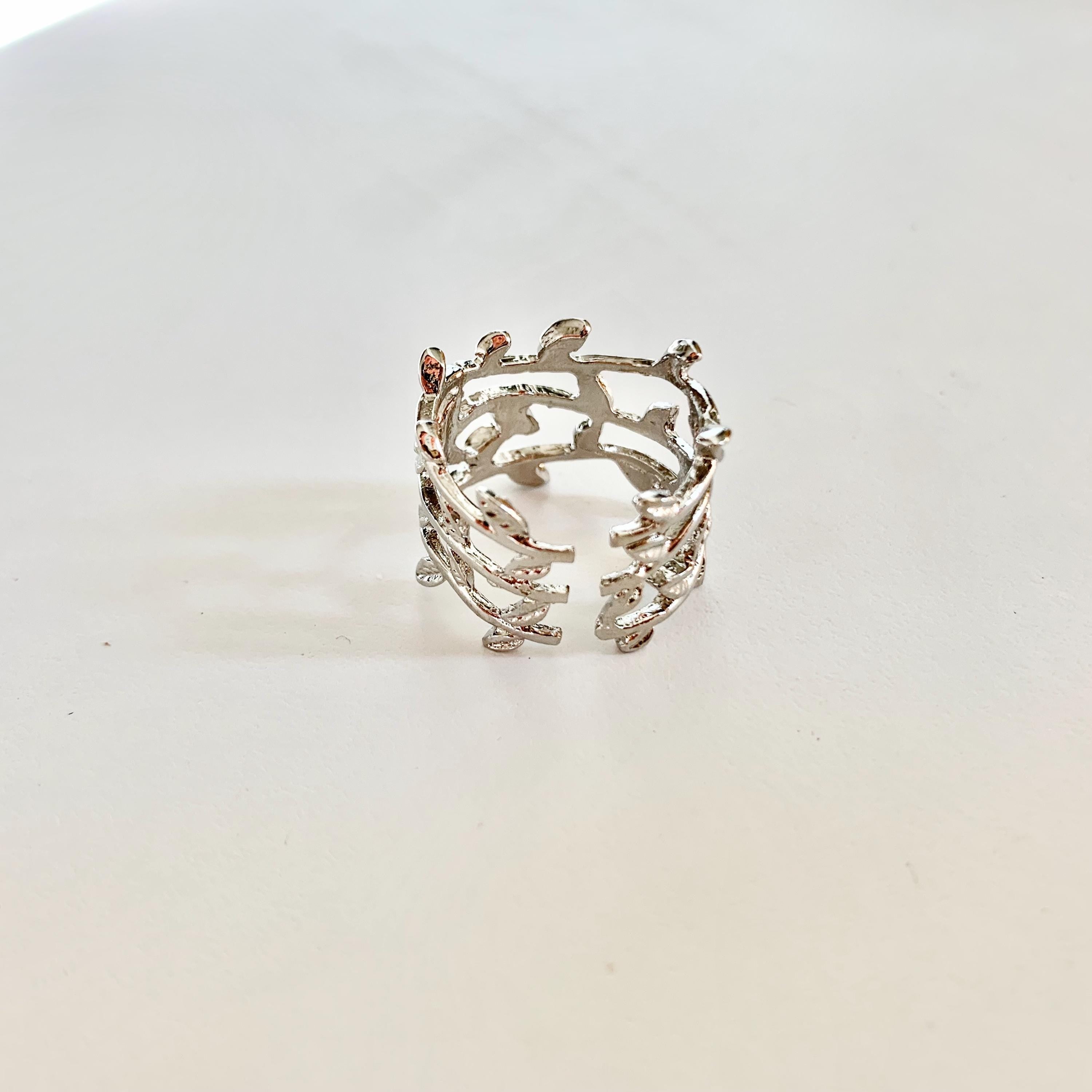 Bague femme feuilles plaqué argent réglable
