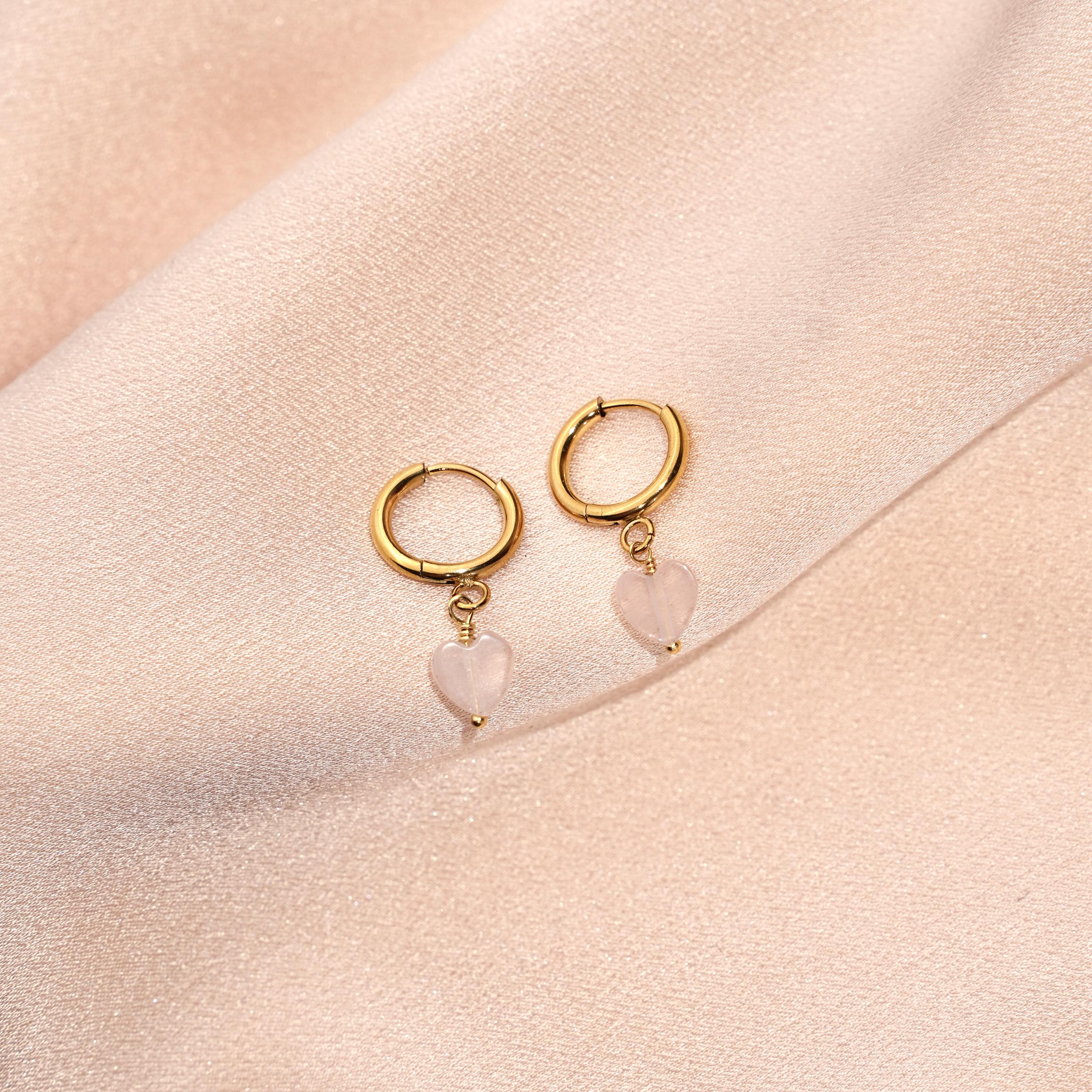 Boucles d'oreilles coeur en quartz rose / Mini créoles pendantes en acier inoxydable et pierre naturelle