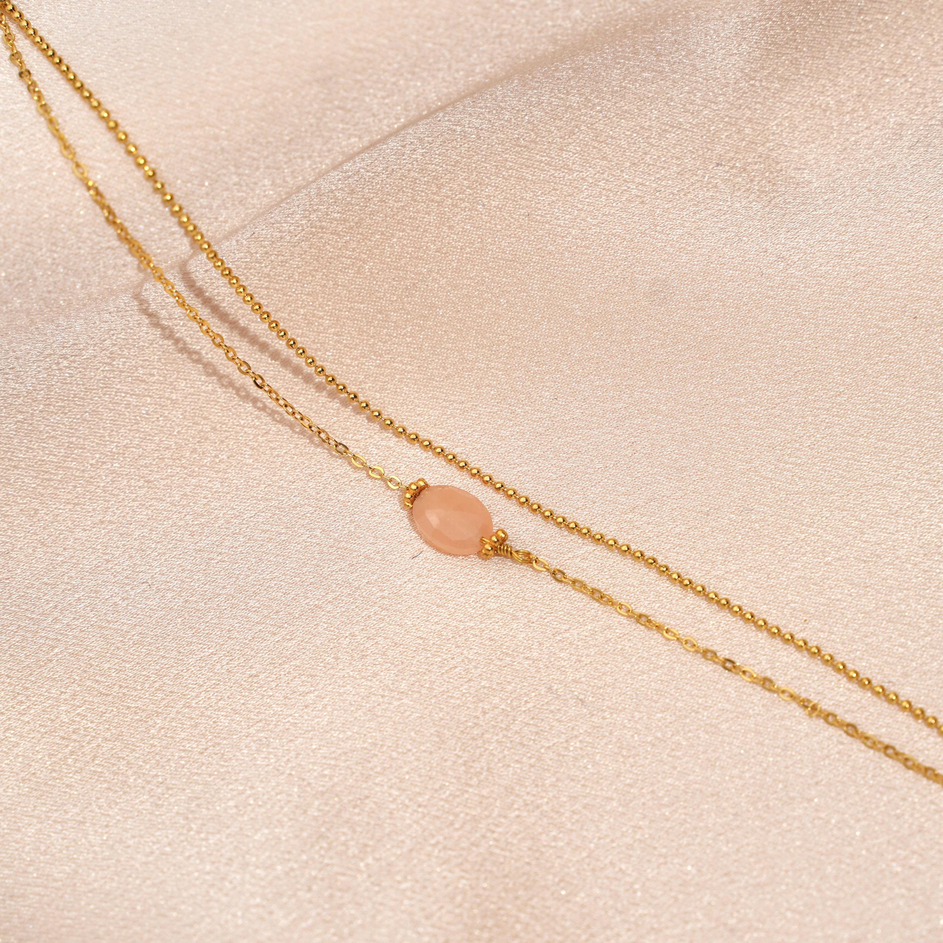 Bracelet acier inoxydable pierre naturelle quartz rose / Bracelet double rang chaine fine perle ovale
