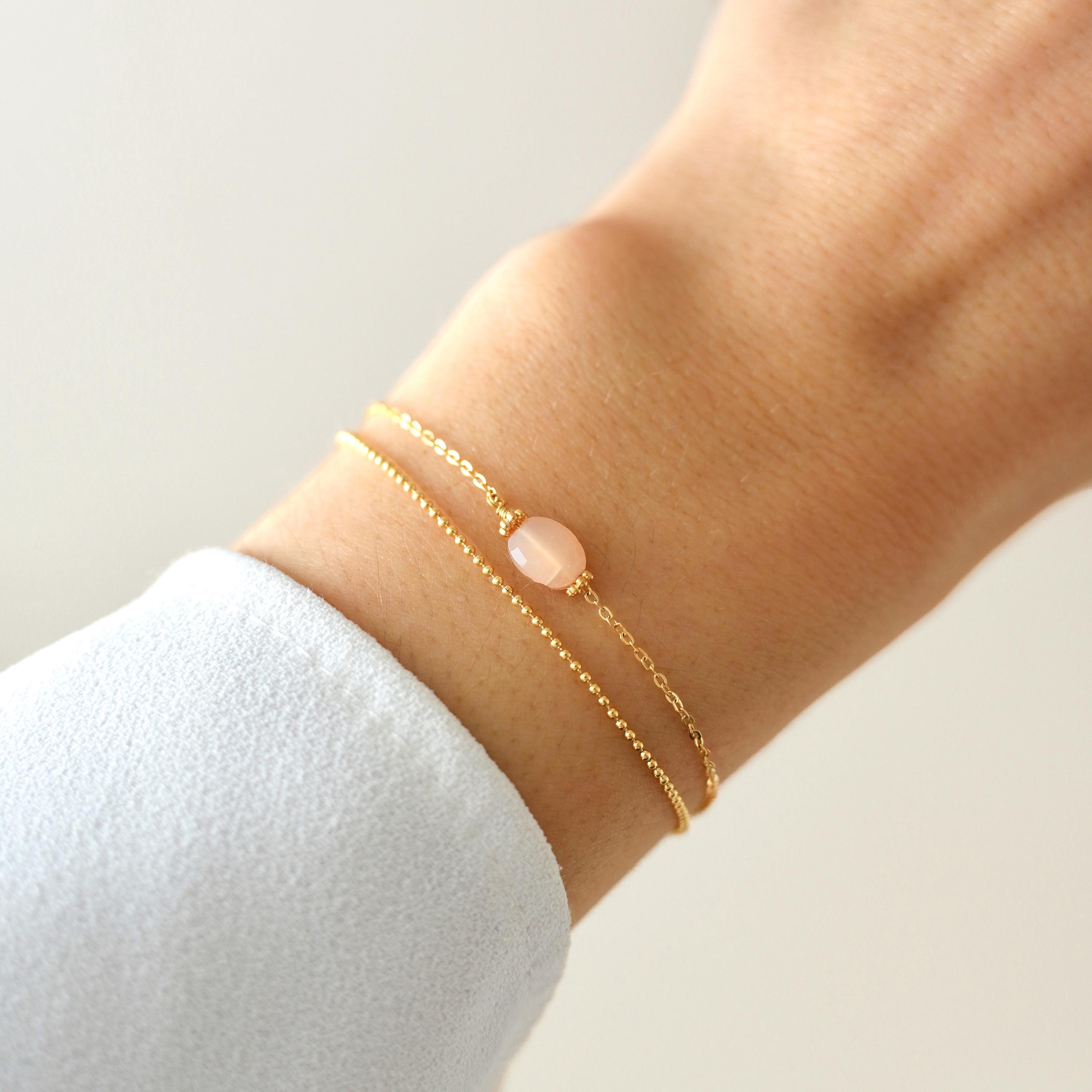 Bracelet acier inoxydable pierre naturelle quartz rose / Bracelet double rang chaine fine perle ovale