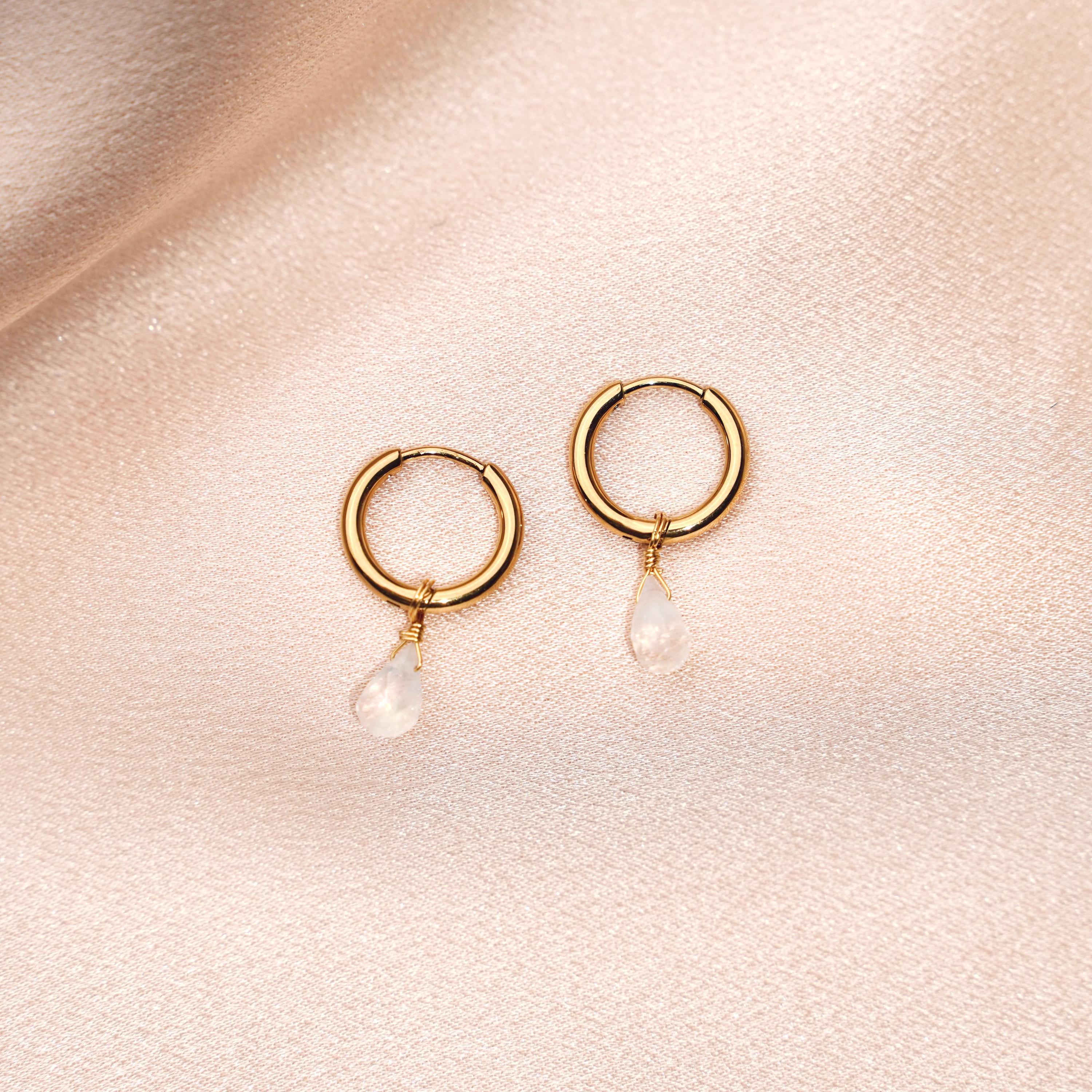 Boucles d'oreilles acier inoxydable mini créoles pendantes goutte cristal brilliant / Dormeuses pierre