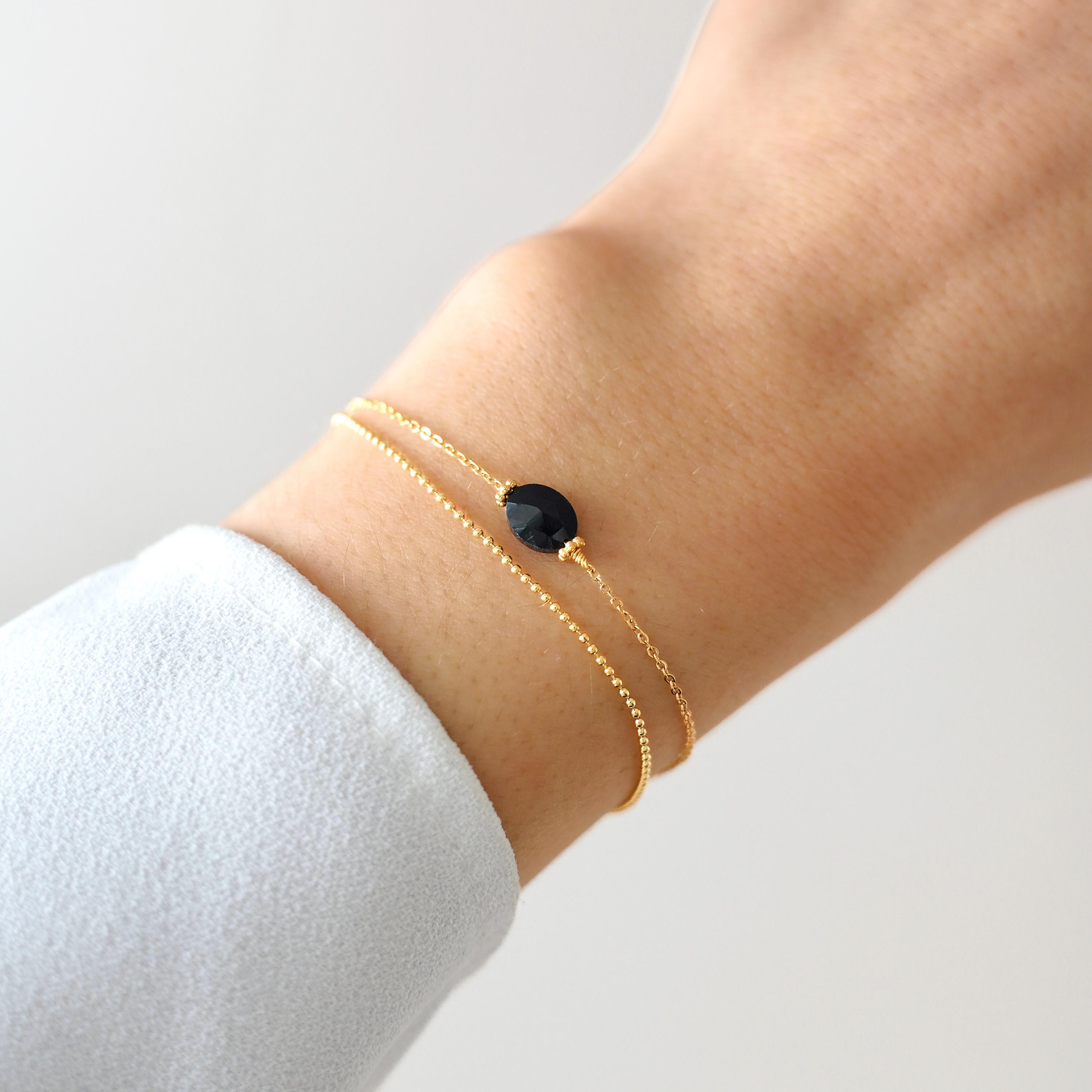 Bracelet acier inoxydable pierre naturelle quartz rose / Bracelet double rang chaine fine perle ovale