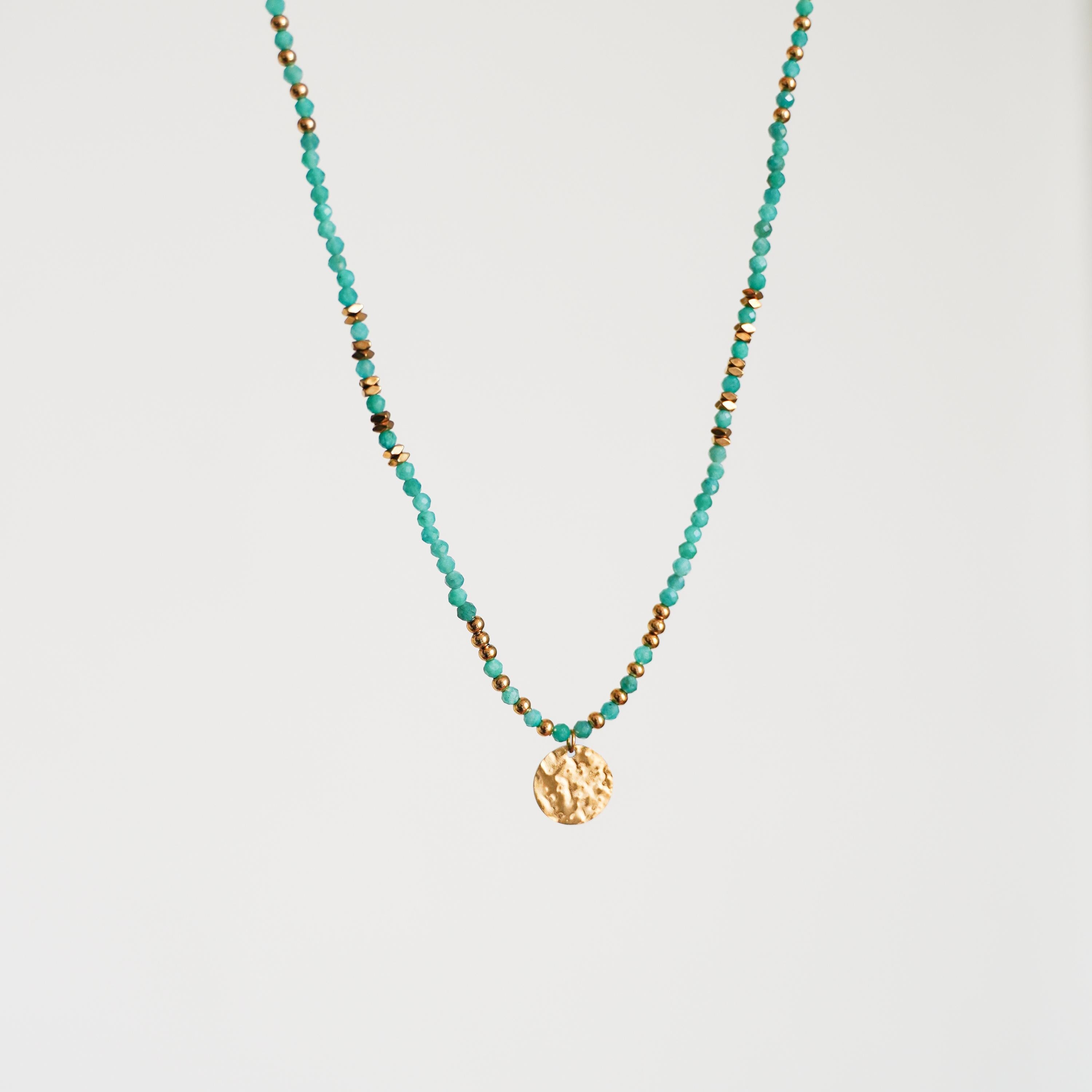 Collier perles bleues / Collier femme perles pendentif rond acier inoxydable