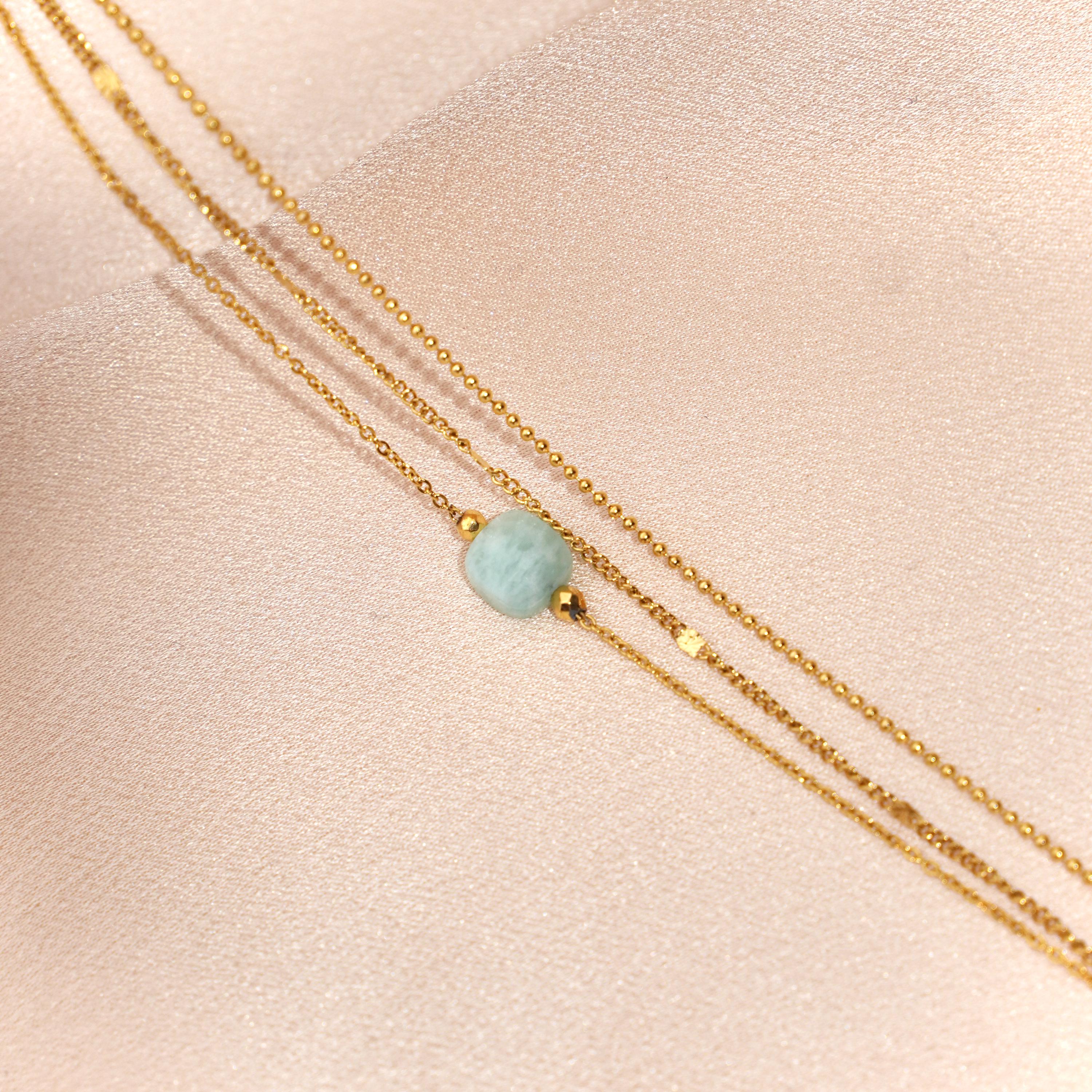 Bracelet femme acier inoxydable triple rang chaine fine pierre naturelle bleu turquoise amazonite