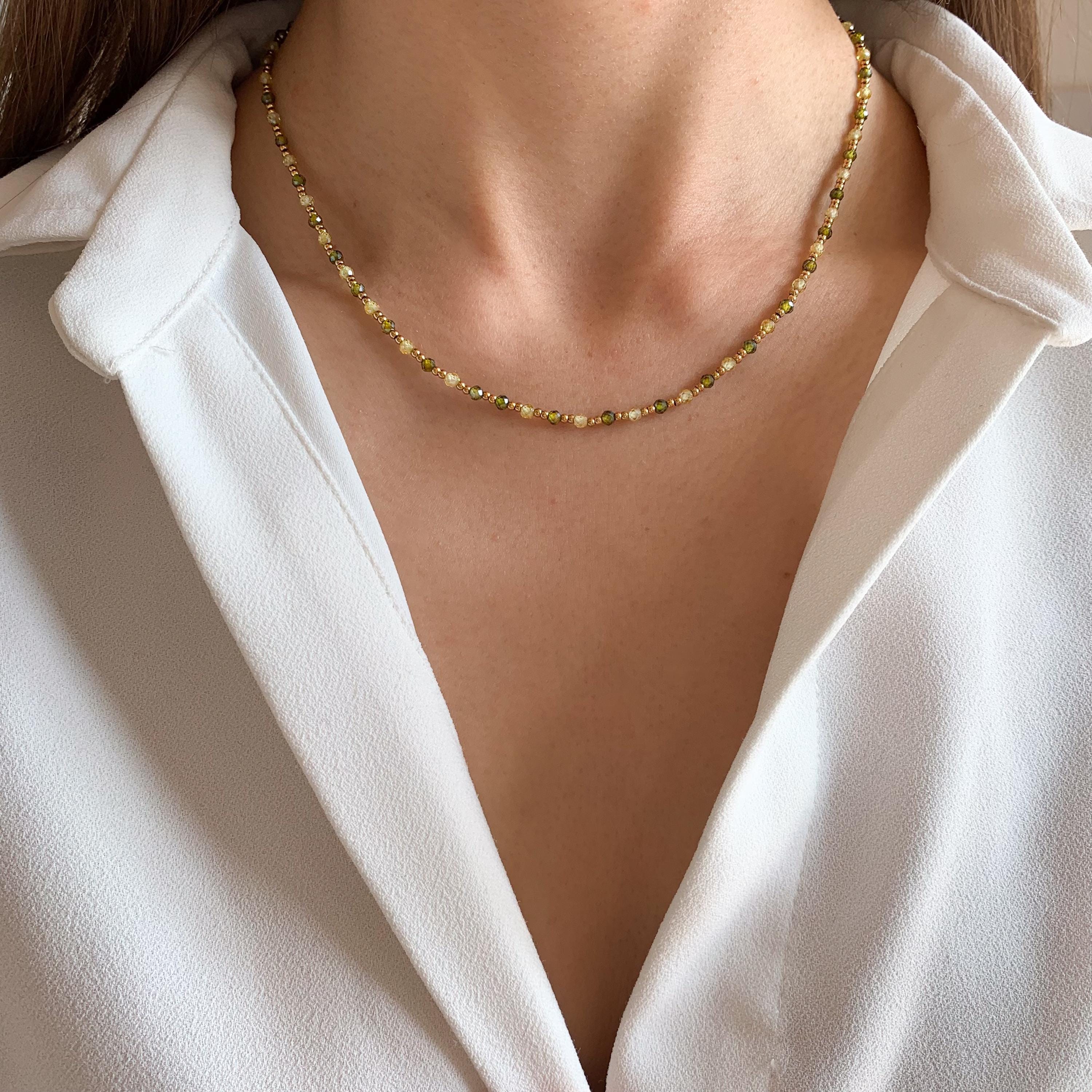 Collier perles vertes et dorées