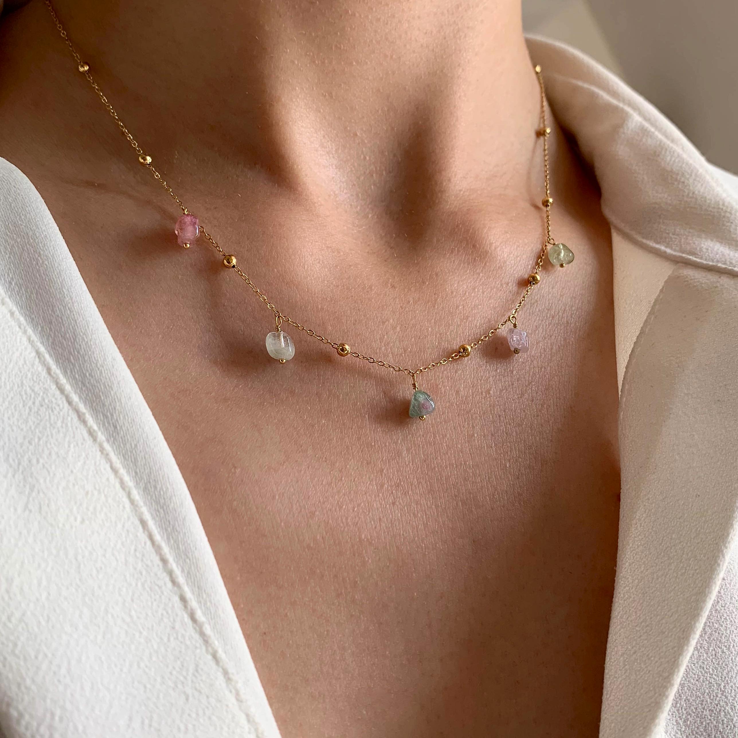 Collier acier inoxydable chaine billes pendants pierre naturelle tourmaline / Collier femme ras de cou minimaliste