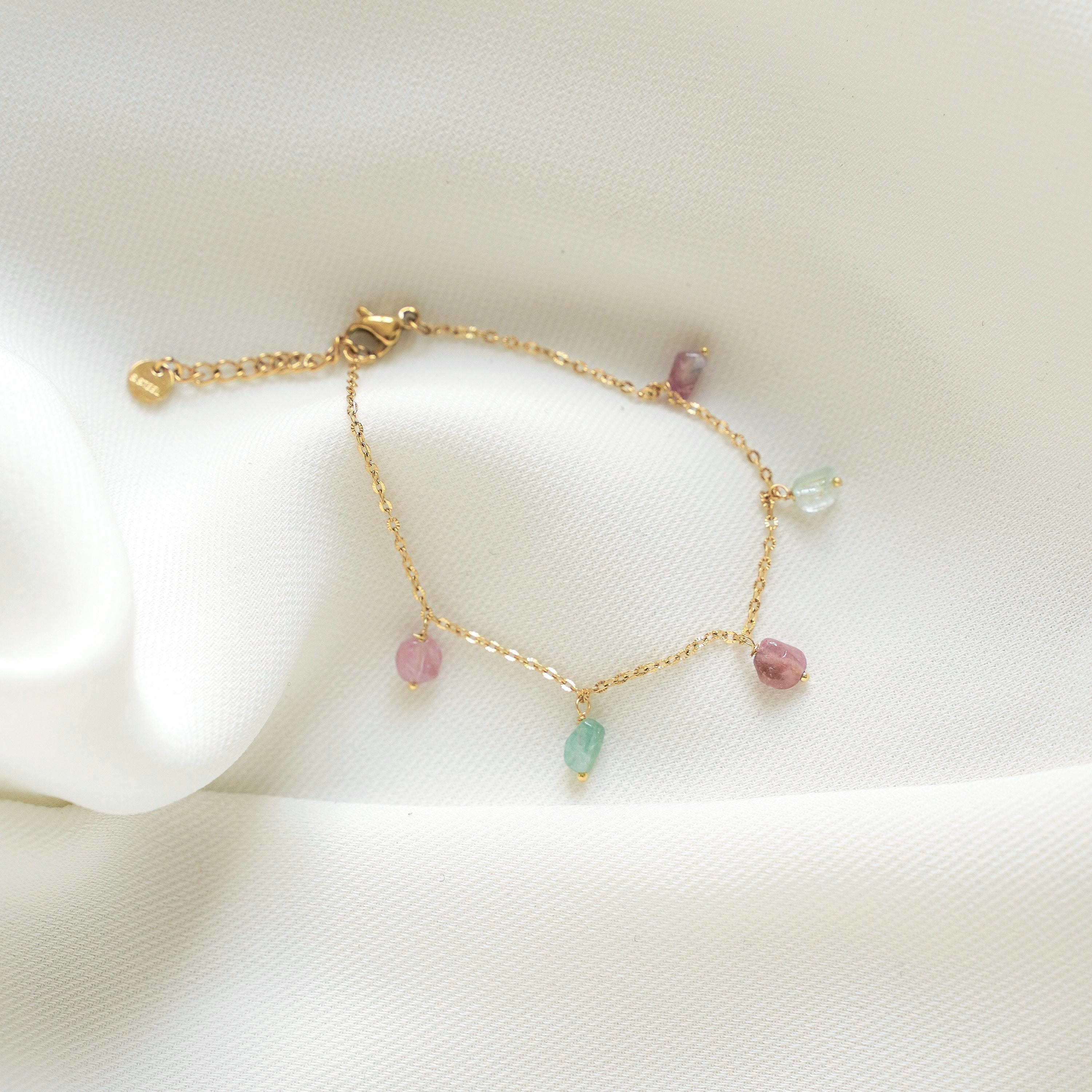 Bracelet fin pierre tourmaline rose verte / bracelet femme perles roses vertes pendentif