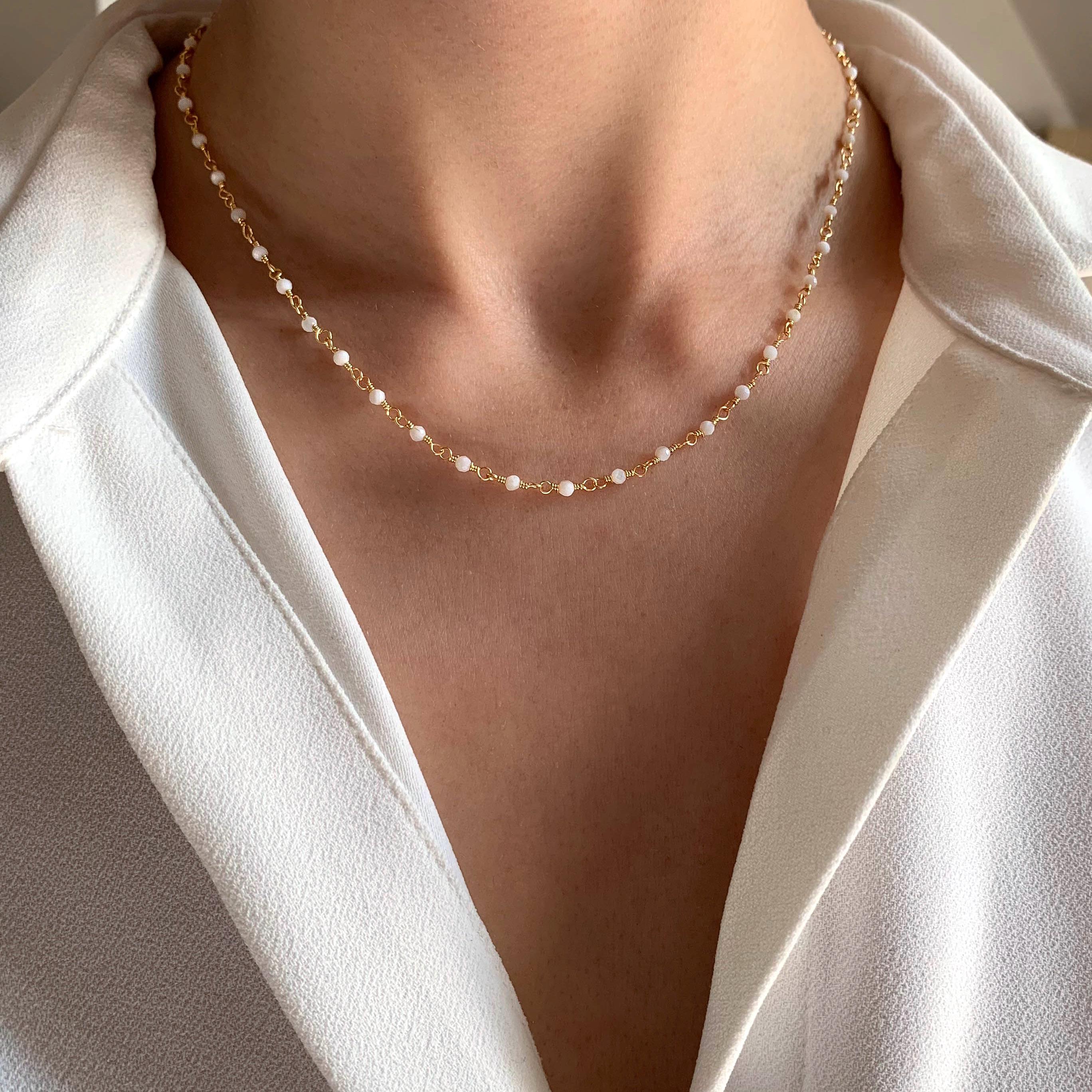 Collier pierre naturelle agate blanche / Collier femme chaine perles acier inoxydable