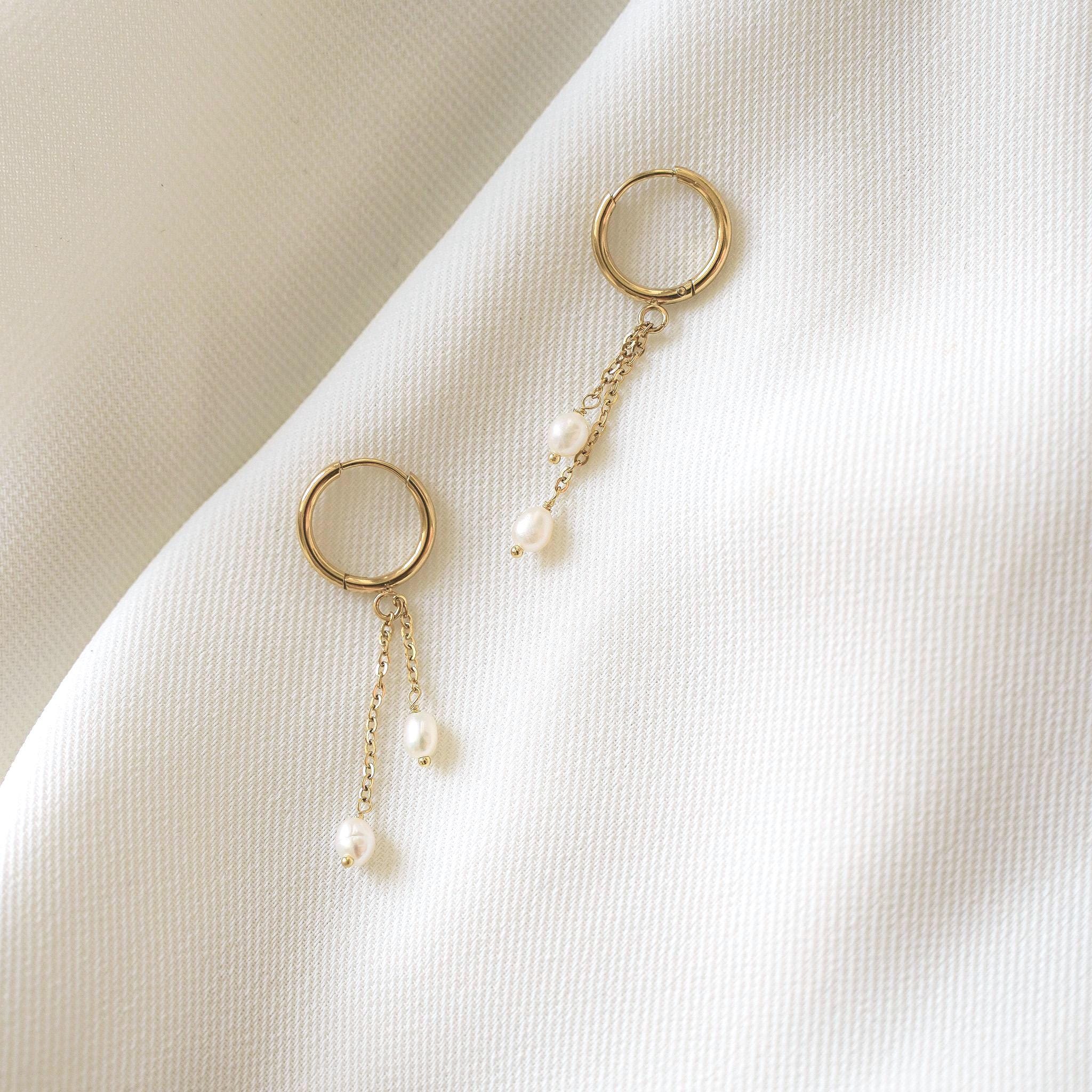 Boucles d'oreilles pendantes chaines et perles d'eau douce / Boucle d'oreille chaine perle d'eau douce femme