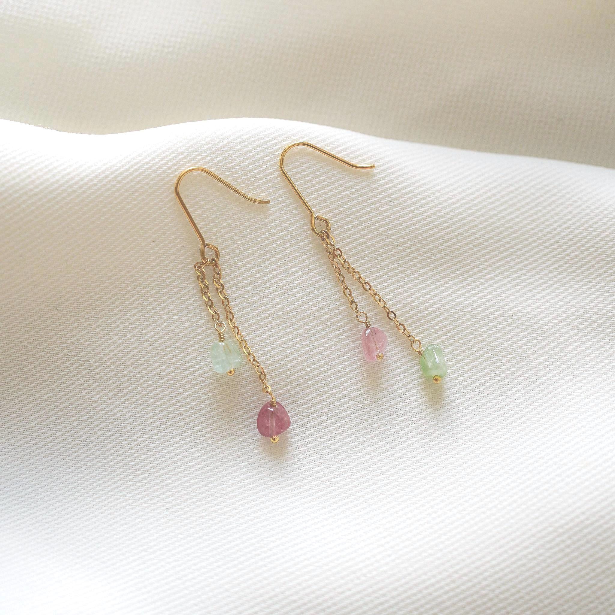 Boucles d'oreilles pendantes chaines pierre tourmaline rose verte / Boucle d'oreille chaine en acier inoxydable