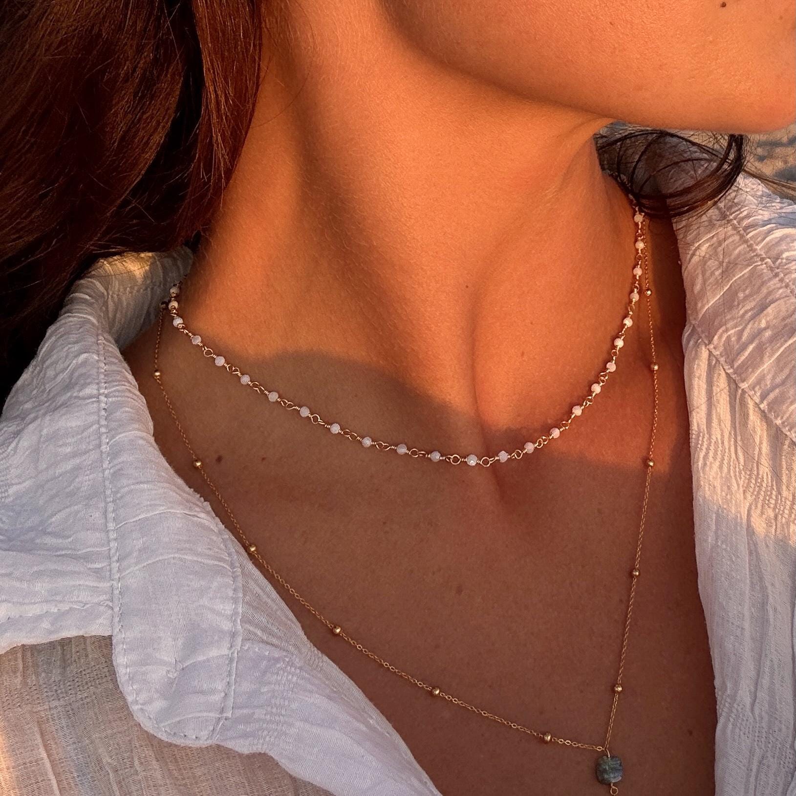 Collier pierre naturelle agate blanche / Collier femme chaine perles acier inoxydable