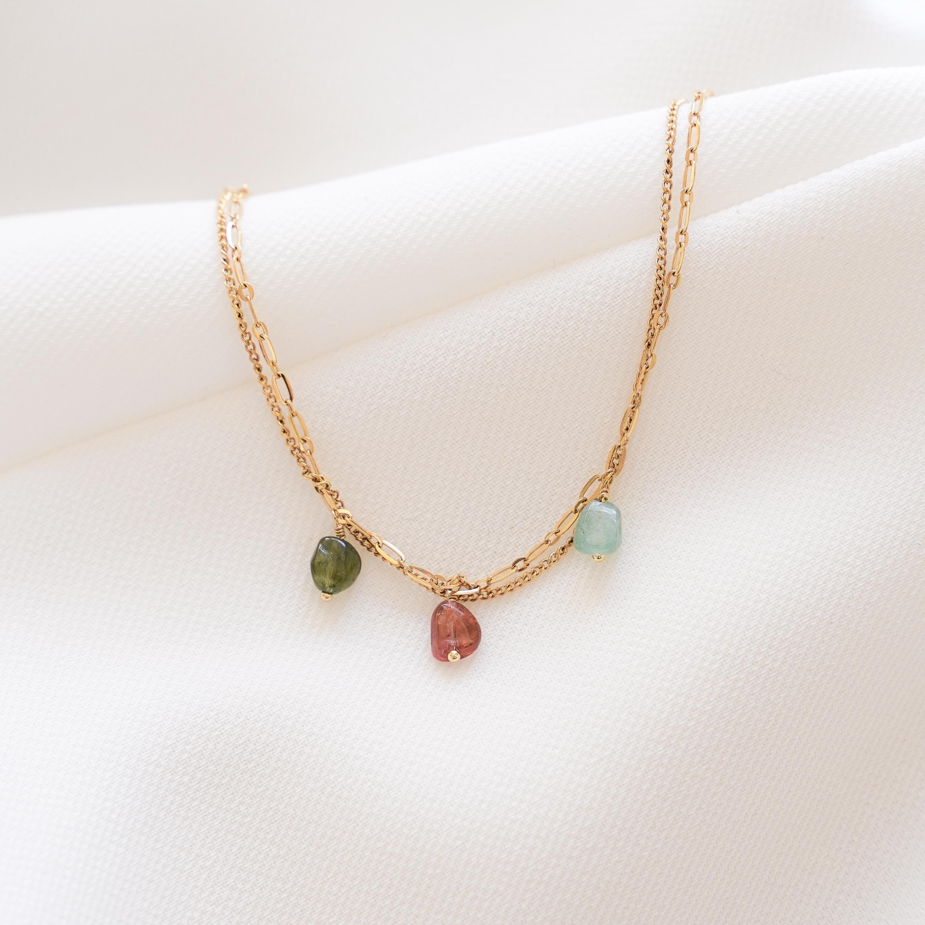 Bracelet double pierre tourmaline rose verte / bracelet femme fin perles roses vertes pendentif
