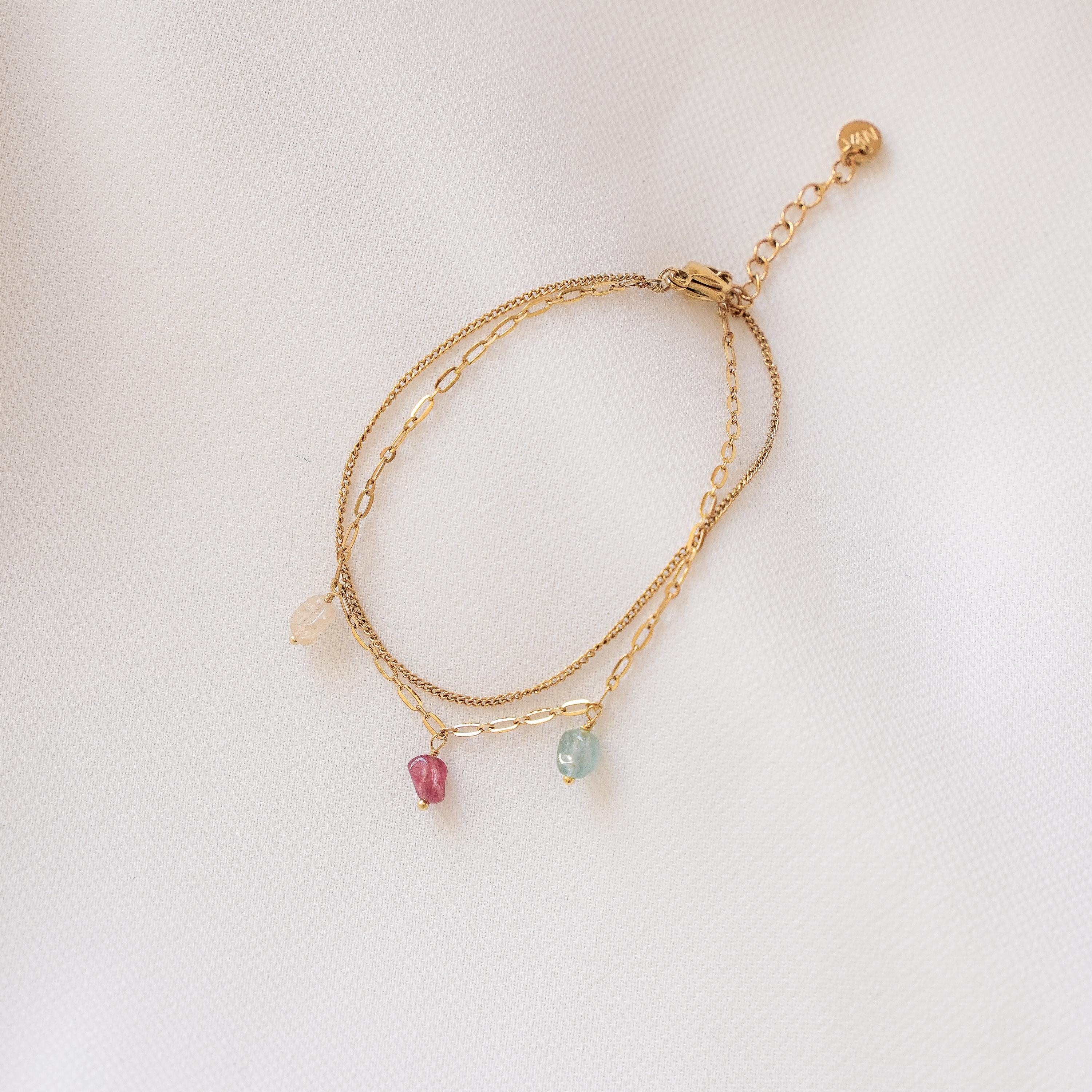 Bracelet double pierre tourmaline rose verte / bracelet femme fin perles roses vertes pendentif