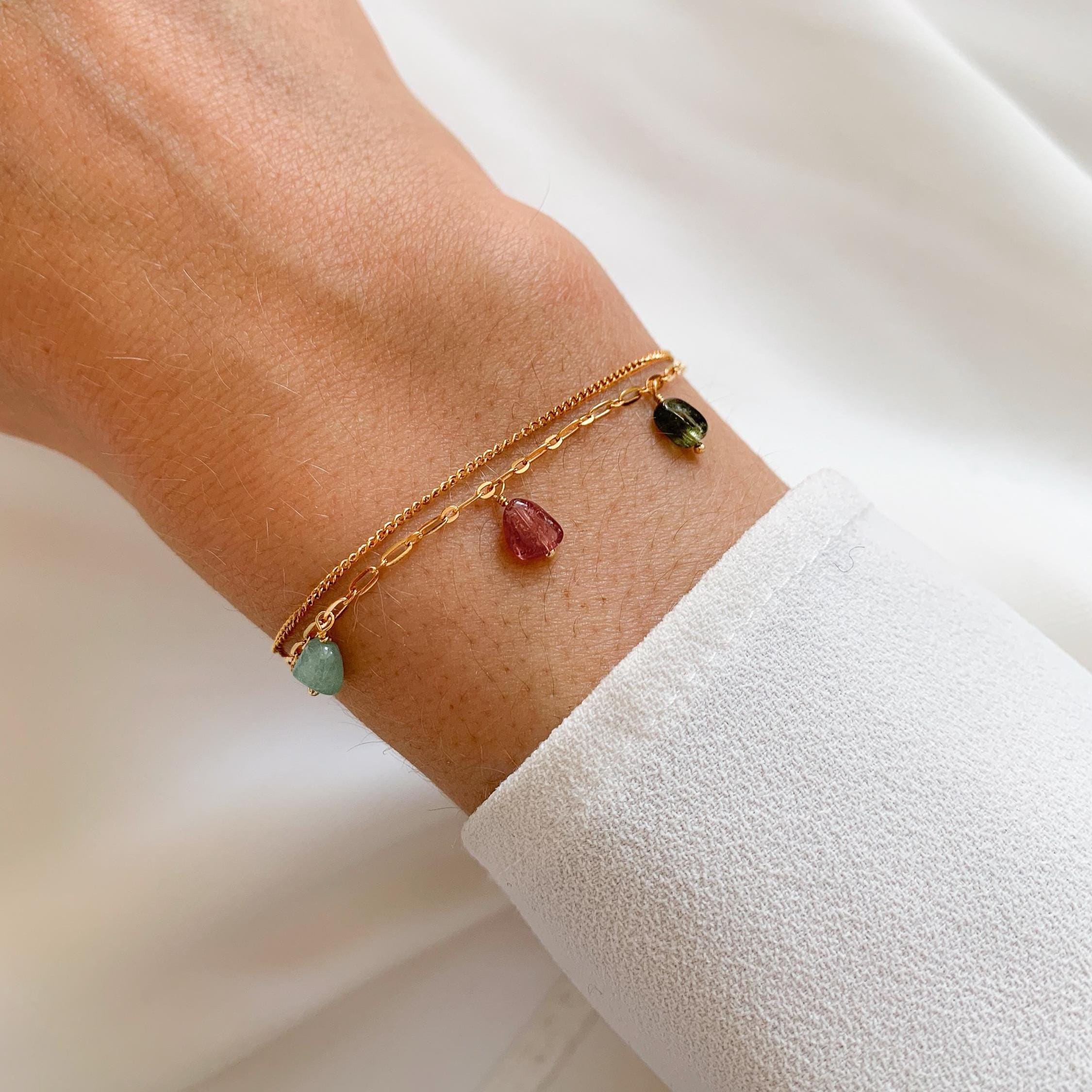 Bracelet double pierre tourmaline rose verte / bracelet femme fin perles roses vertes pendentif