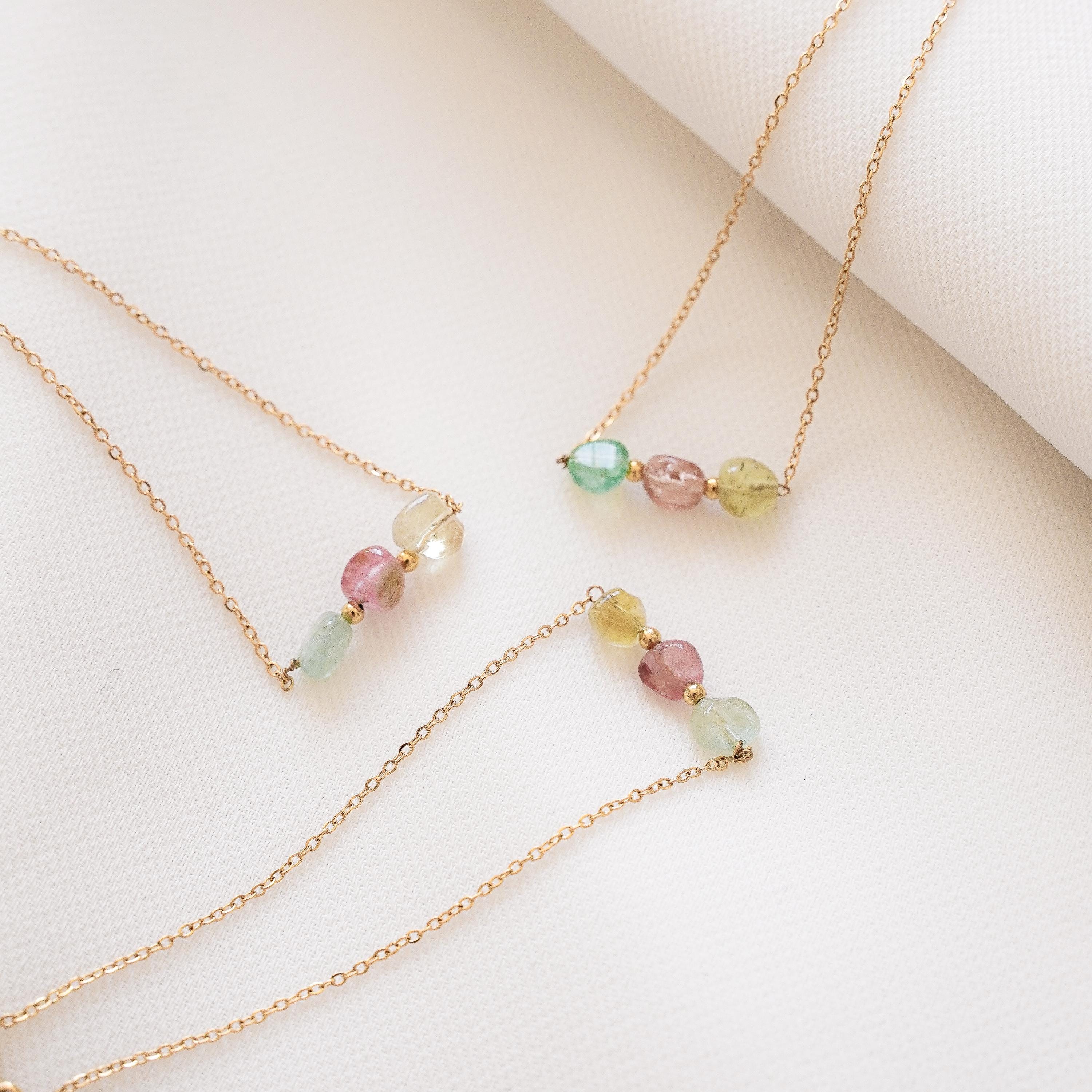 Bracelet fin pierre tourmaline rose verte / bracelet femme perles roses vertes bleu